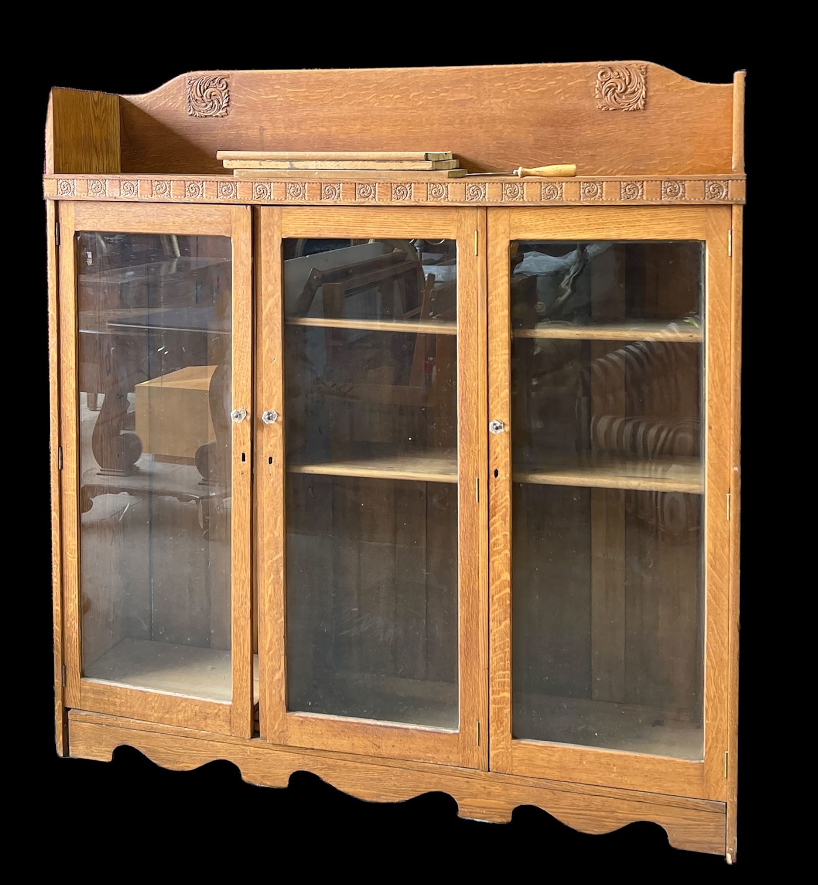 Antique Carved Oak Three-Door Bookcase. (1 of 1)