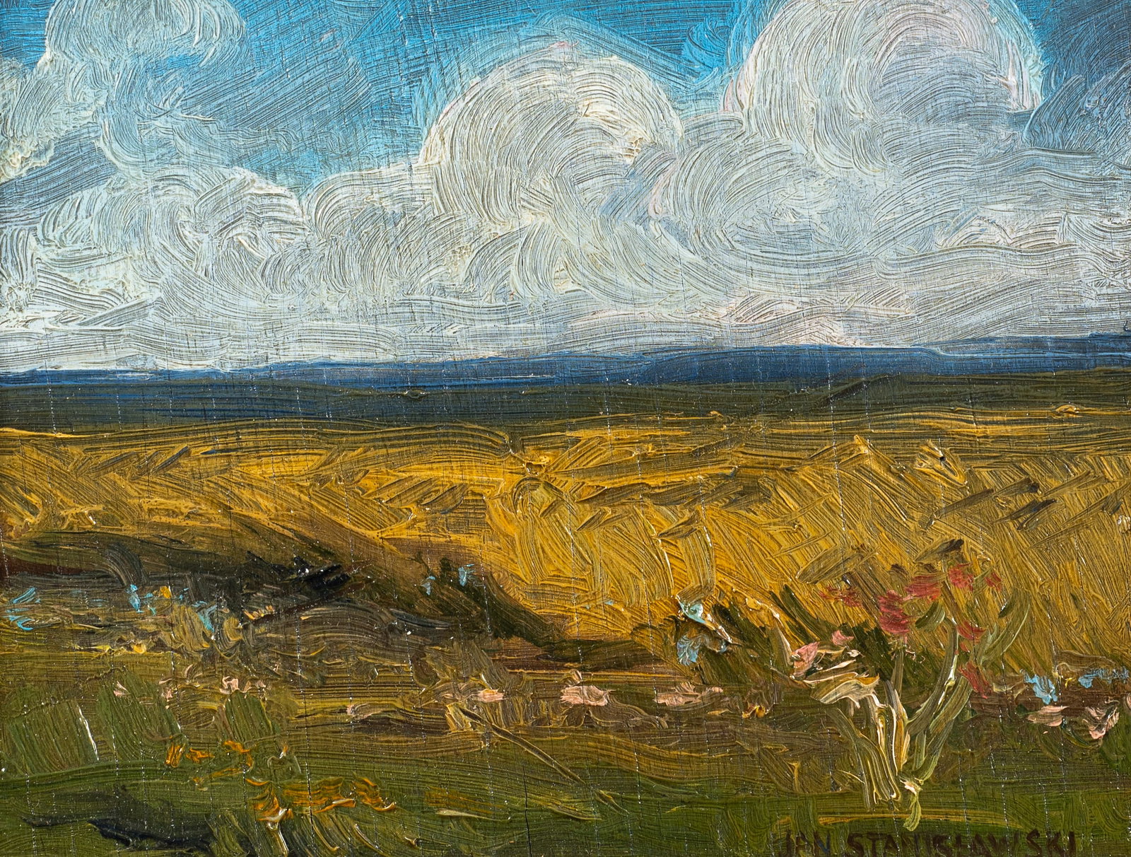 Summer Landscape, Manner of Jan Stanislawski.: Jan Grzegorz Stanislawski (Polish, 1860-1907). This impressionist oil painting on panel is signed "Jan Stanislawski", lower right. The work is housed in a scuffed gilt frame. The painting has darkened