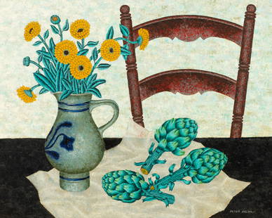 Large Still Life Painting by Peter Orlando.: Peter Orlando (French, 1921-2009). This oil painting on canvas is signed lower right. It depicts a jug of yellow flowers next to artichoke stalks. The work is housed in an ornate gilt frame with a fab