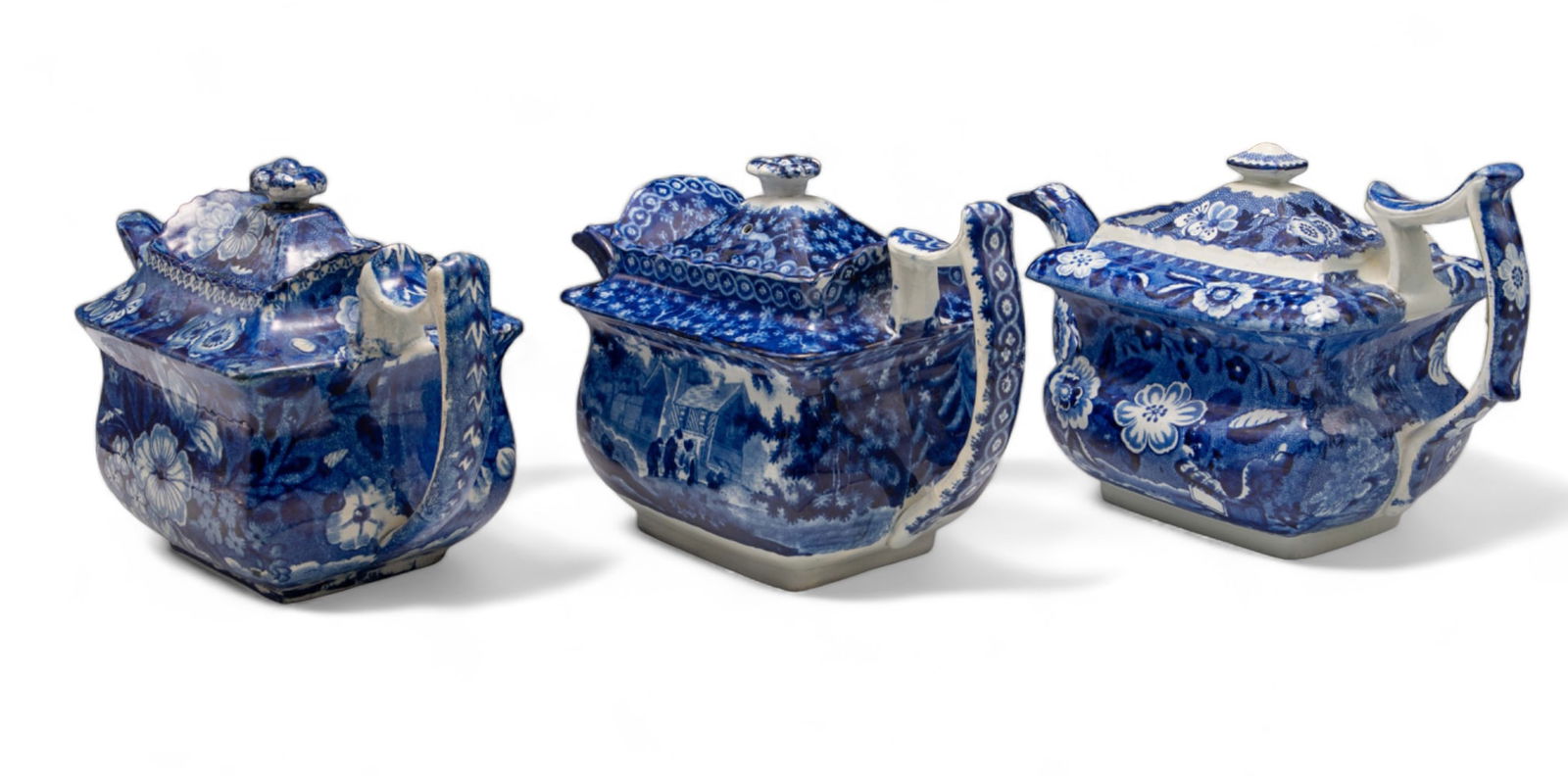 3 Staffordshire Blue & White Transferware Teapots. (1 of 11)