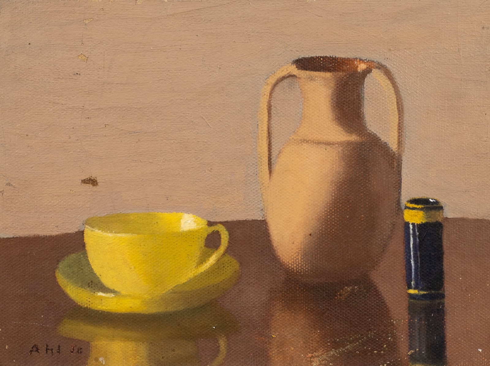 Still Life Painting by Henry Curtis Ahl, Jr.: Henry Curtis Ahl, Jr. (America, 1905-1996). This oil painting on trimmed canvas is signed, "Ahl, Jr.", lower left. The work is floated in a gilt frame with a black fabric border. The painting has scat