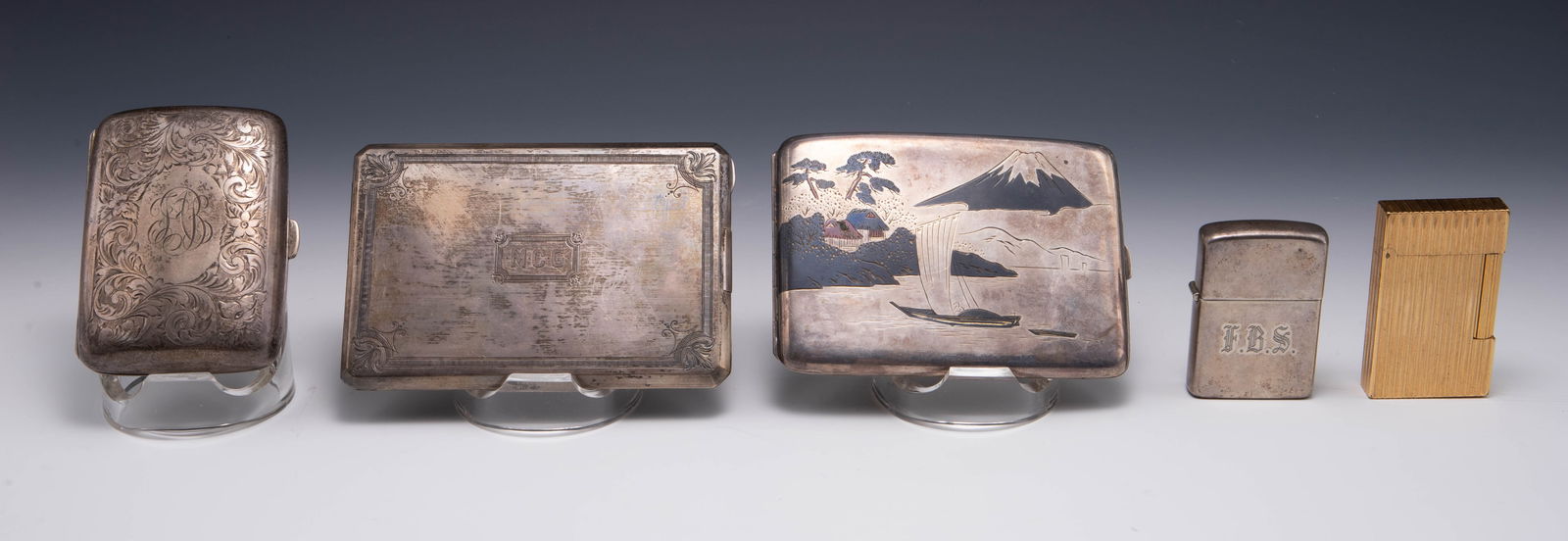 Lot: 3 Sterling Cigarette Cases, 2 Lighters. (1 of 7)