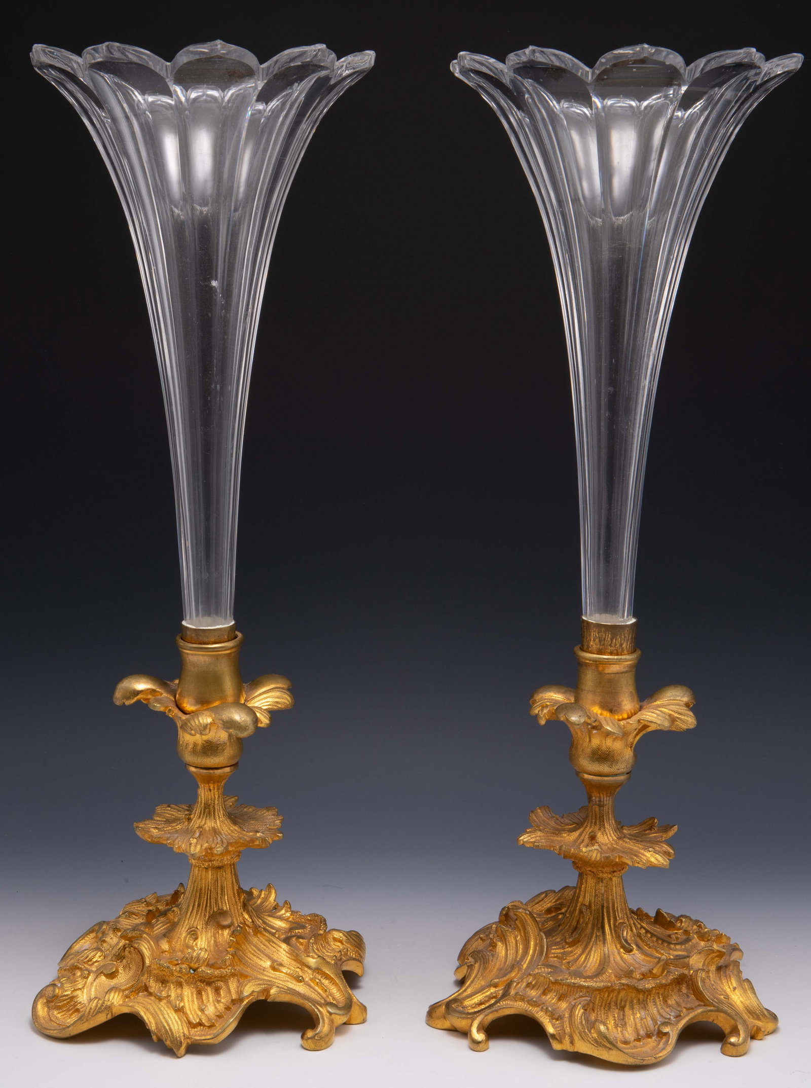 Pair of Gilded Bronze and Crystal Trumpet Vases. (1 of 6)