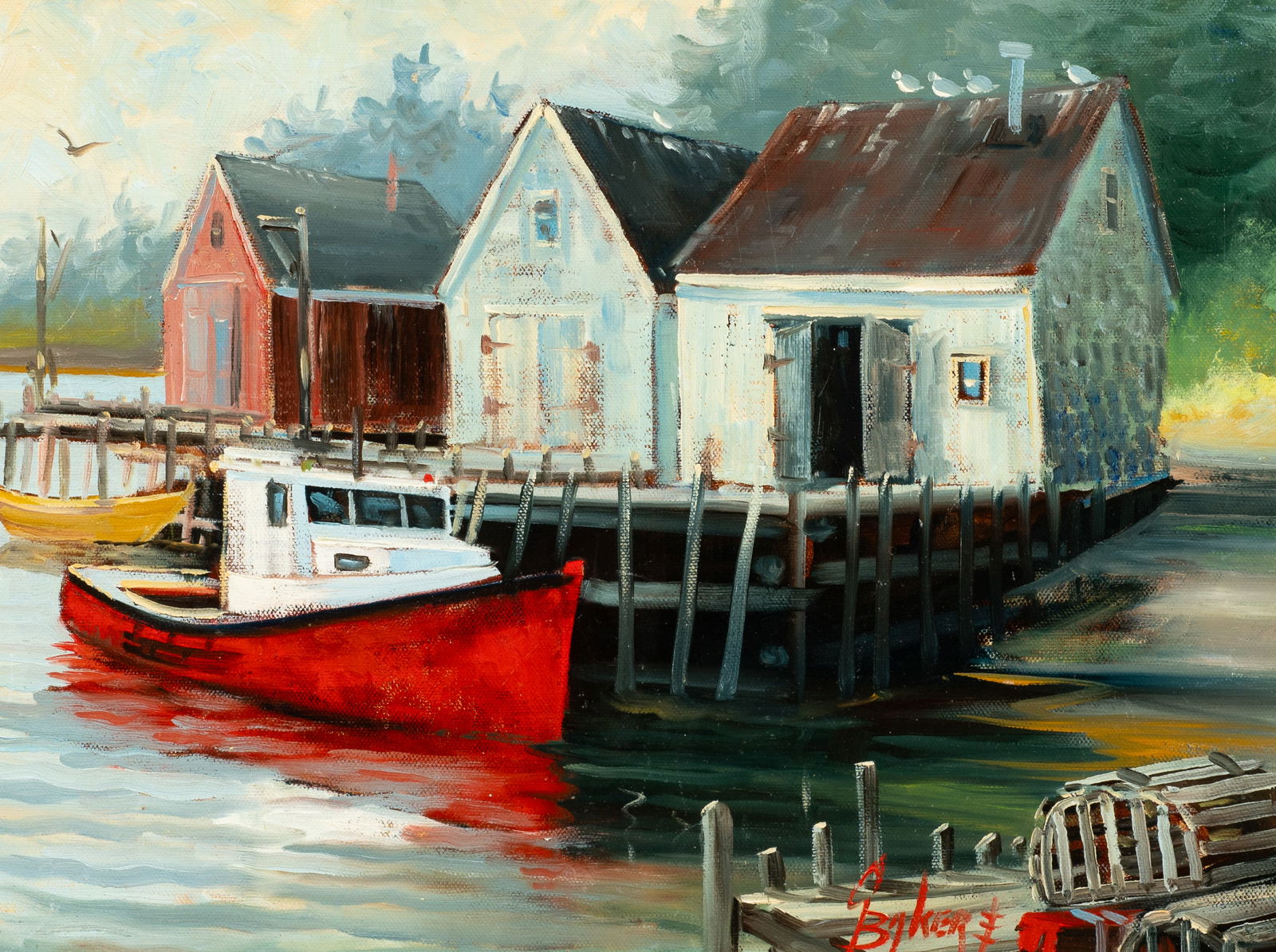 Dock Scene Painting, Sgd. G. Baker.: This oil painting on board is signed lower right. The work is housed in a gilt frame with a fabric border. The painting has minor, scattered scuffs. The board measures 12" x 16", and the frame measure