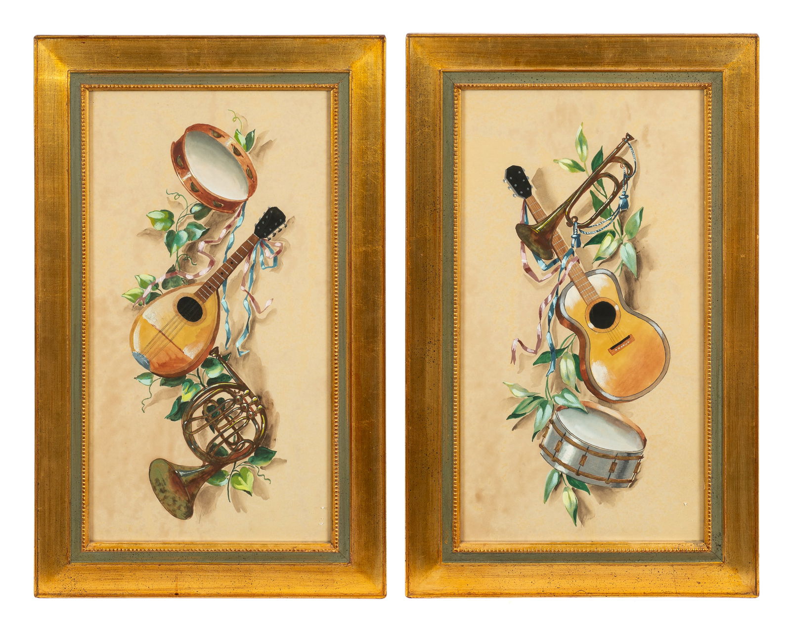 Pair of Musical Themed Watercolors, Signed.: Both works are signed lower middle. They depict a whimsical array of musical instruments, and are housed in gilt frames. The works appear to be in good condition, with minor wear to their frames. The