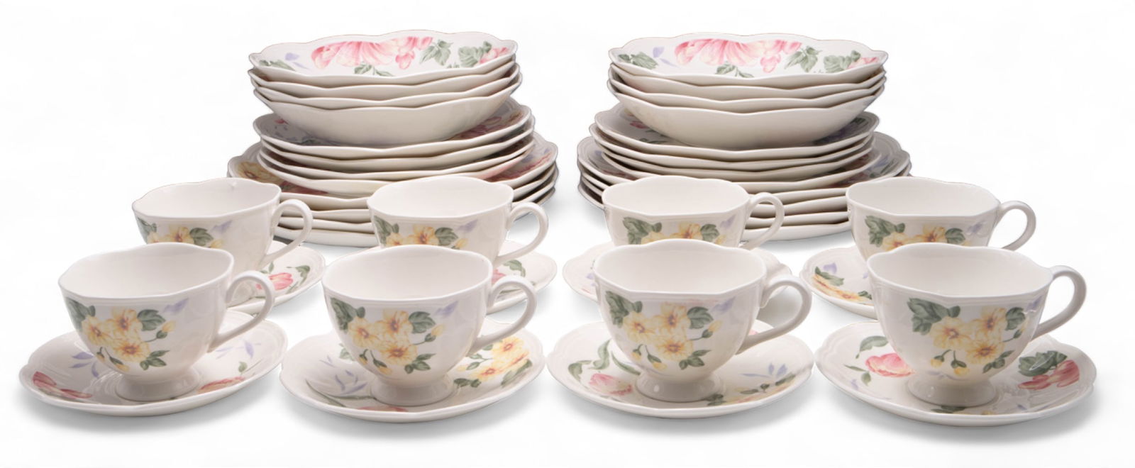 Lenox Peony Garden China- Service for 8.: This set includes 8 dinner plates, 8 salad plates, 8 bowls, 8 teacups, and 8 saucers. The lot looks to be in very nice condition. Third-party shipping or personal pickup is required. Please see our we