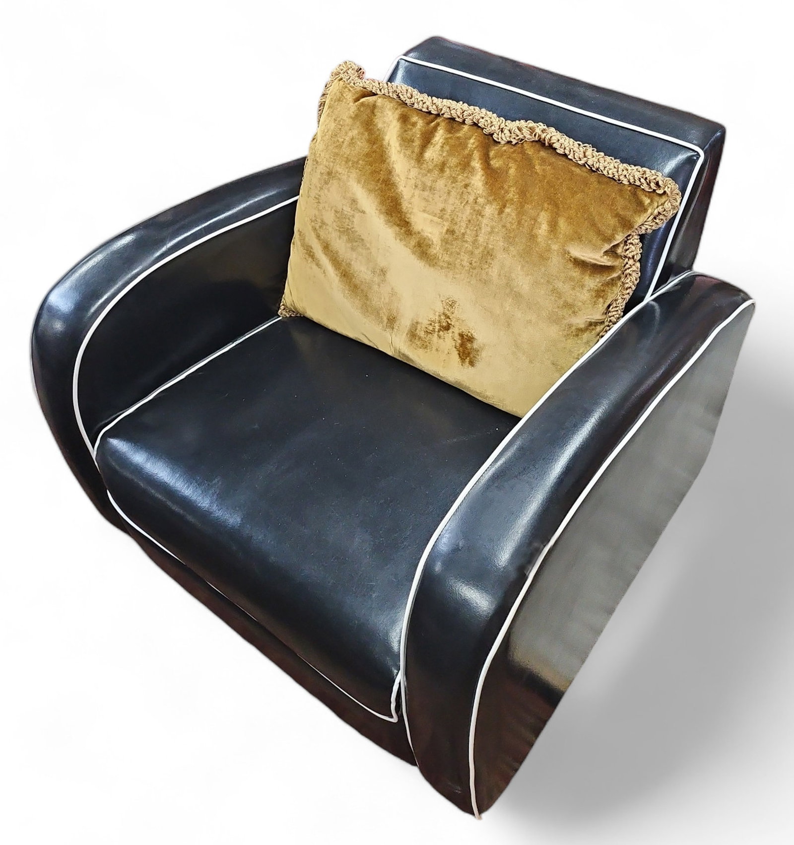 Art Deco Style Club Chair.: This (faux?) leather black and white club chair is contemporary, and made in Thailand for the Nuevo Company. It is in good condition, and measures 31" wide, 30" deep, and 29" tall. Third-party freight