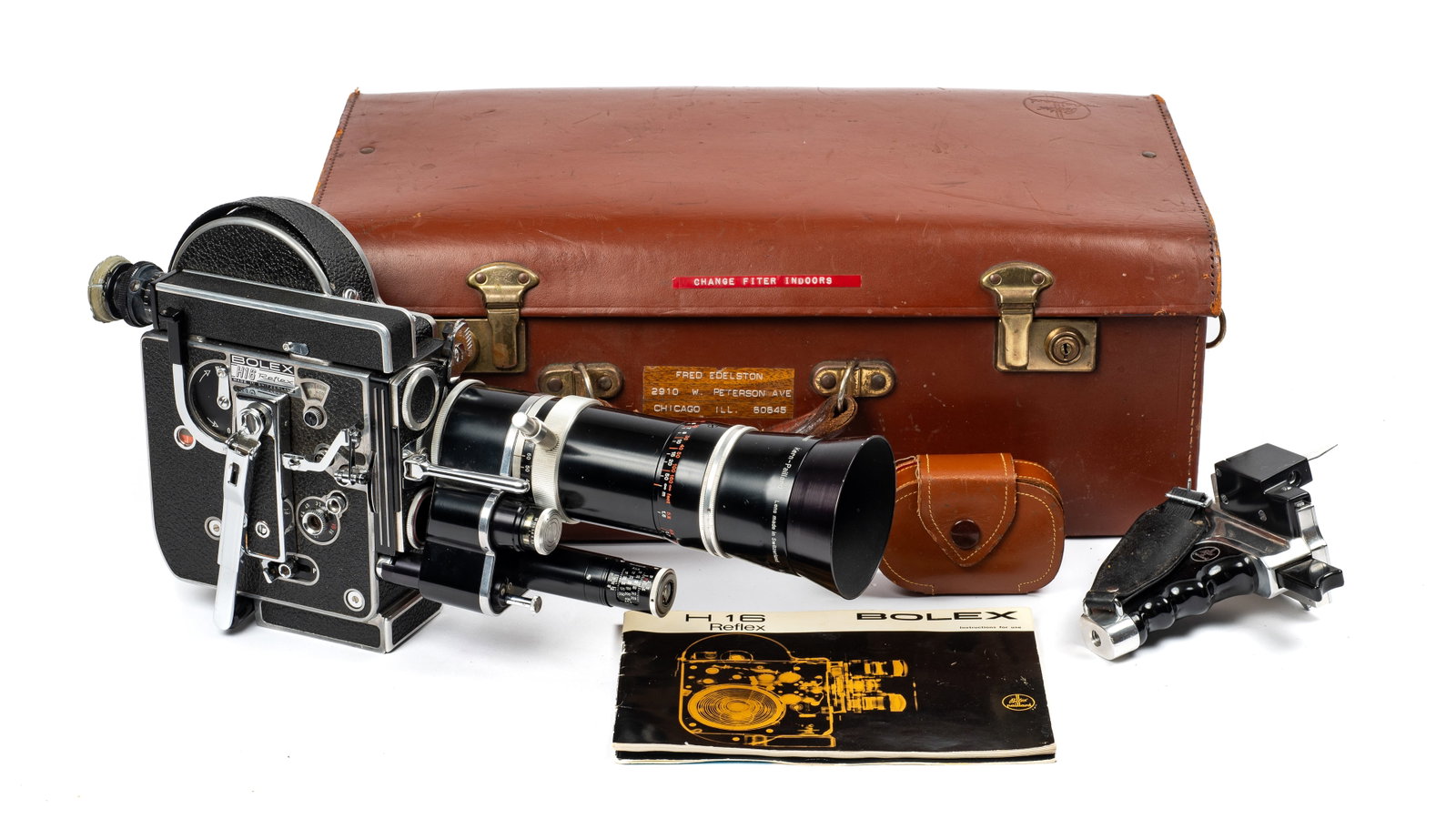 Bolex H16 Reflex Rex-4 w/ Vario-Switar 86 EE Lens.: This lot is comprised of a Paillard Bolex H16 Rex-4 16mm Film Reflex camera, a Kern-Paillard Vario-Switar 18-86mm EE H16 RX zoom lens, a Bolex pistol grip, a Bolex leather case, instructions for both 
