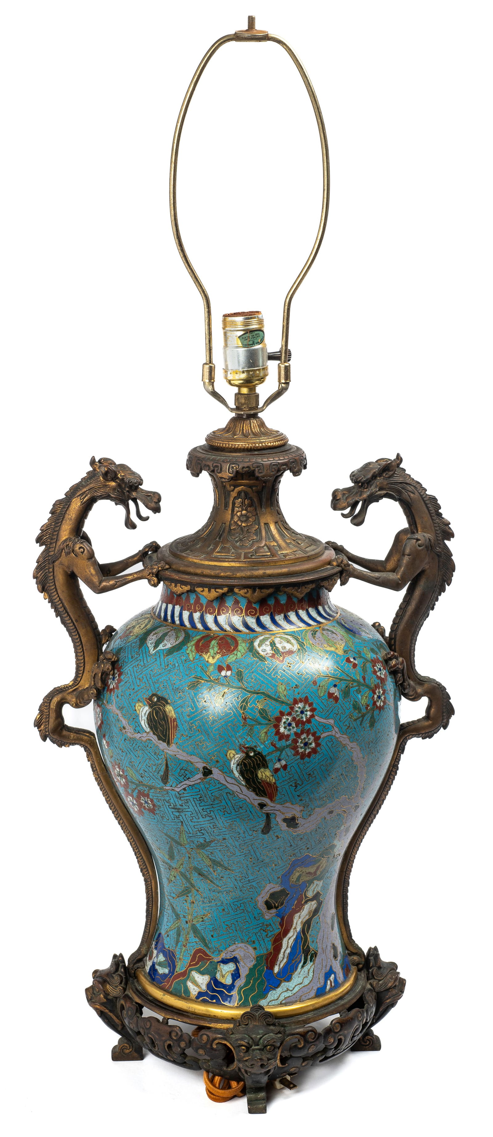 Old Chinese Cloisonne Lamp w/ Bronze Dragon Base. (1 of 5)