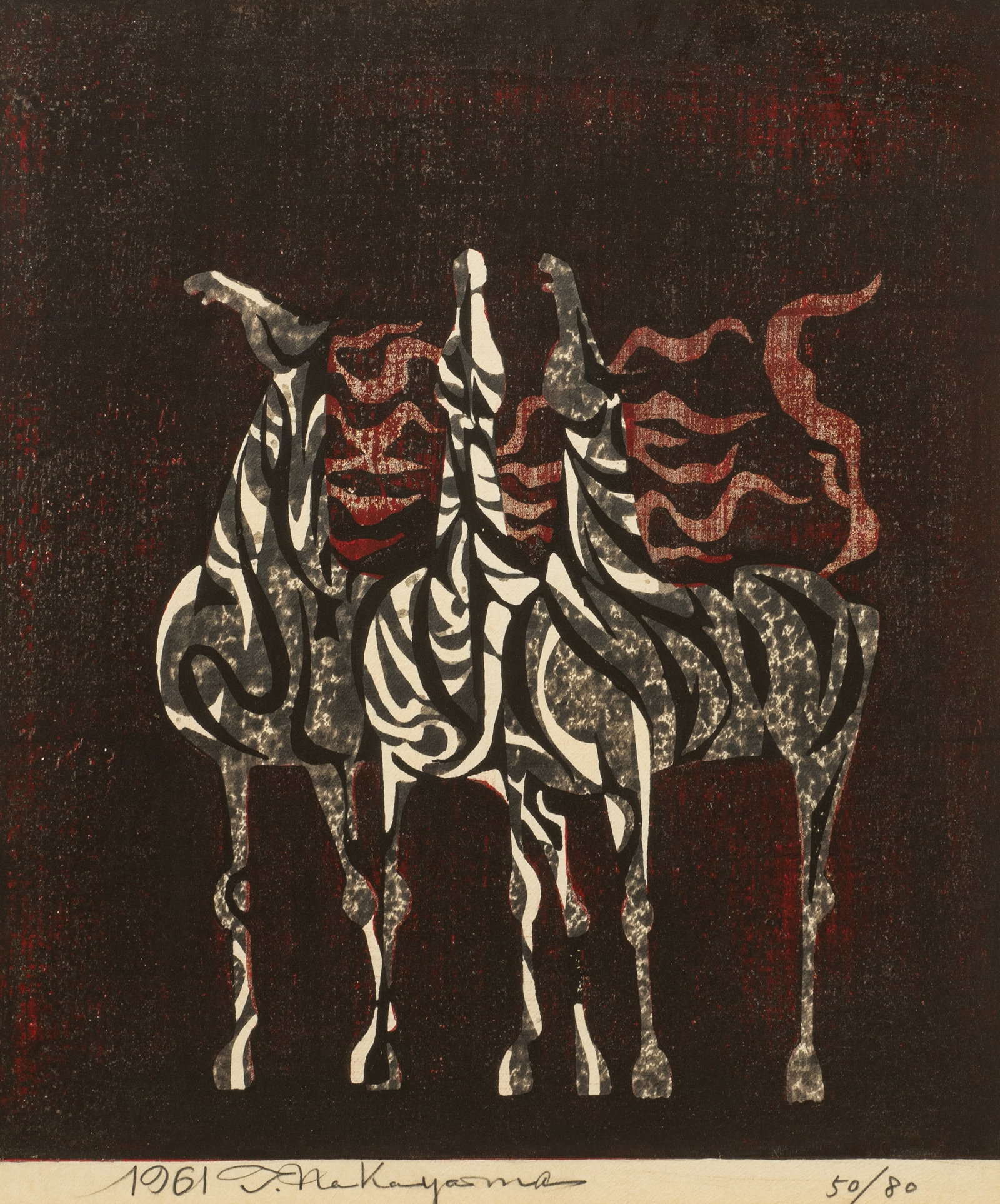 Woodblock Print of Zebras by Tadashi Nakayama.: Tadashi Nakayama (Japan, 1927-2014). This equestrian woodblock print is pencil signed, dated (1961), and numbered (50/80), in its lower margin. The work is housed in a simple black frame with a white 