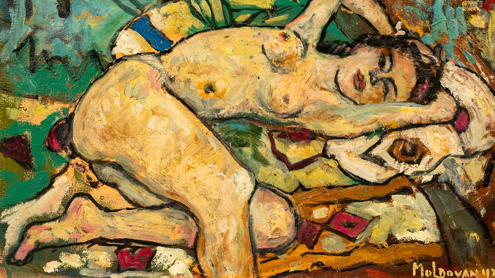 Nude Portrait of a Woman, Sgd. Moldovan.: This oil painting on masonite is signed, "Moldovan, '43", likely for Sacha Moldovan (Russia, 1901-1982), lower right. The work is housed in a gold gilded black frame. There is very minor wear to the f