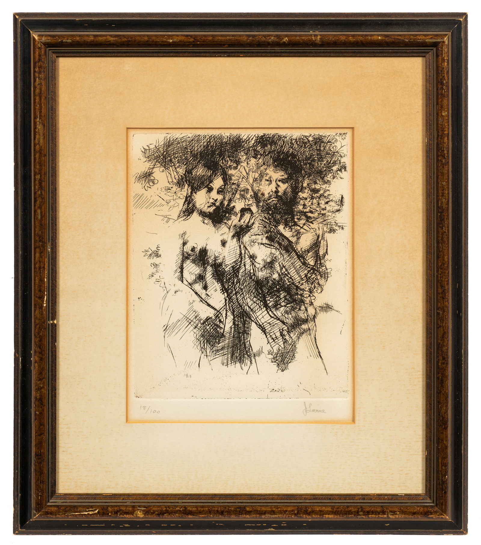 "Adam and Eve", Etching by Jack Levine.: Jack Levine (America, 1915-2010). This etching is pencil signed and numbered 18/100 in its lower margin. The work is housed in a gilded black frame with an off-white mat. The lot exhibits toning to bo