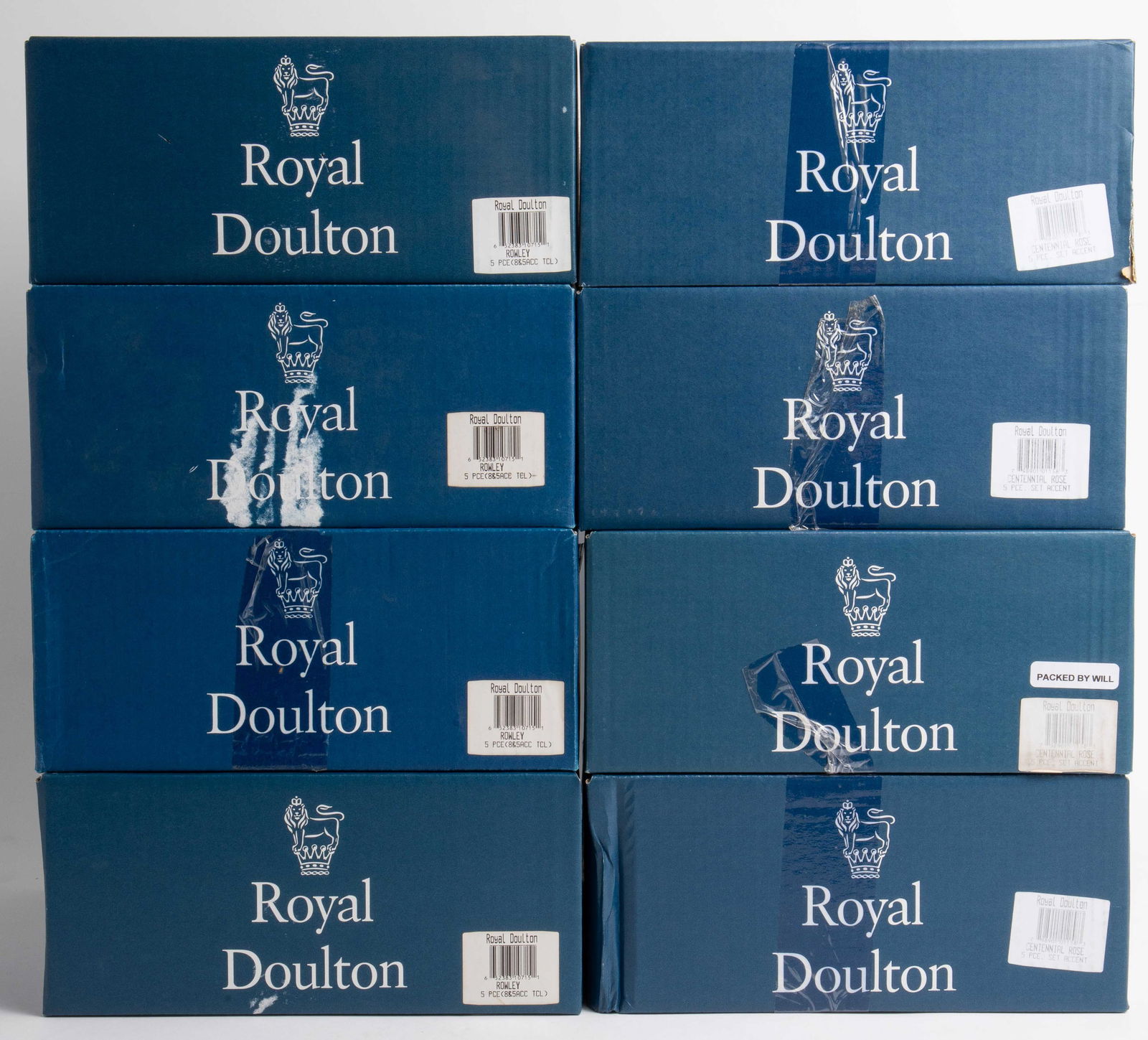 Lot: 8 Royal Doulton Rowley 5 Pc. Dinnerware Sets.: This lot includes 40 pieces in total, or eight 5-piece sets of Royal Doulton Rowley dinnerware, in their original boxes. Each set includes a dinner plate, a salad plate, a dessert plate, and a cup and