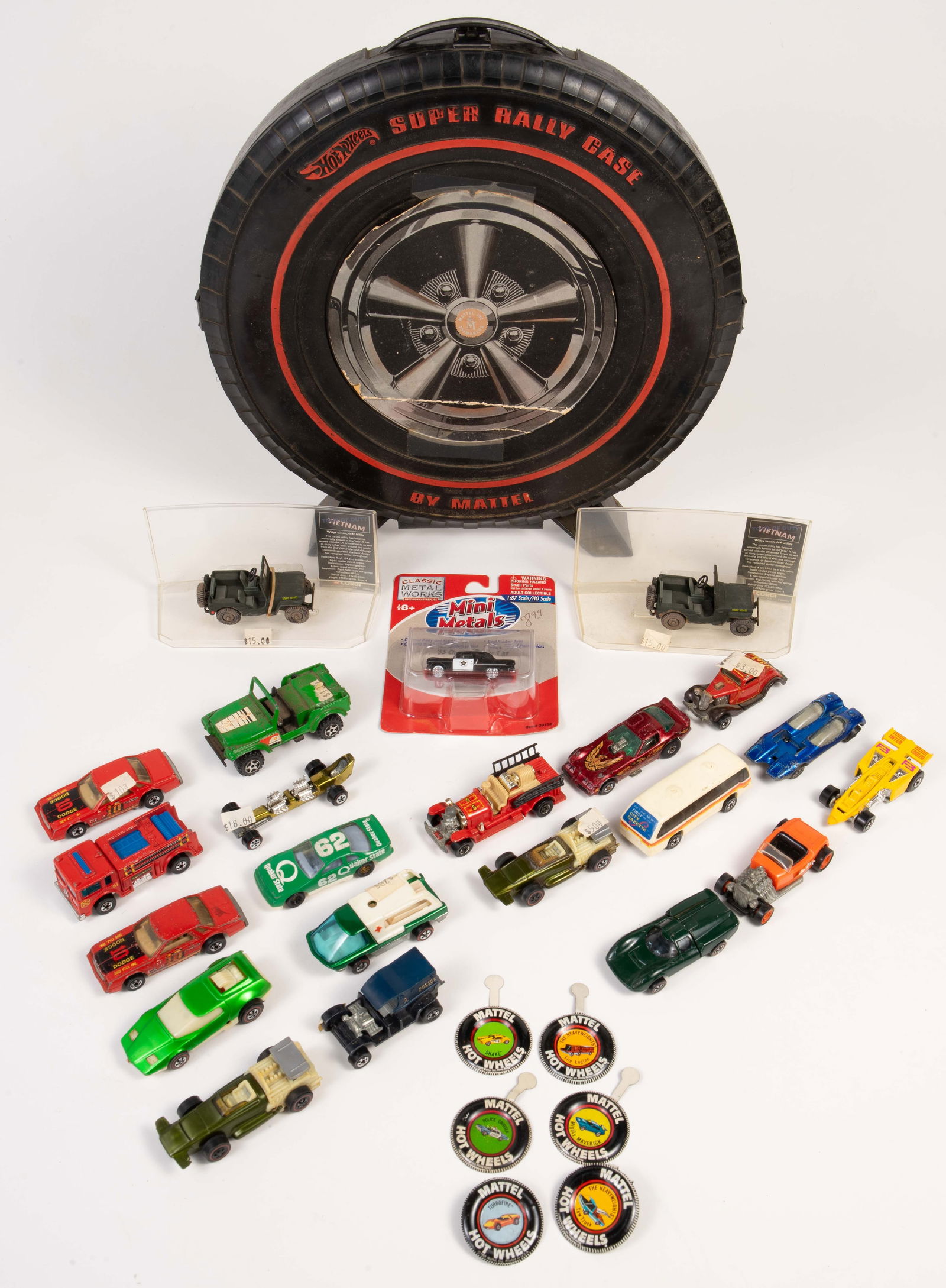 Lot of Matchbox Cars- Hot Wheels Redline, etc.: A Hot Wheels Super Rally case is also included. There are seven Hot Wheels redline cars; the condition varies. There are also other Hot Wheels cars, mostly from the 1980s and 1990s. The other cars inc