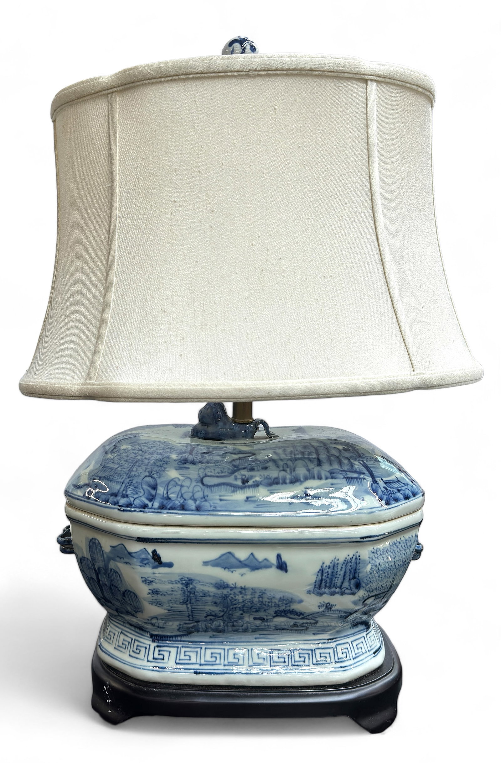 Blue & White Chinese Tureen Lamp.: The lamp looks to be in good overall condition. It measures 24" tall to the top of the blue porcelain finial, 13" wide, and 9" deep. Third-party shipping or personal pickup required. Please see our we