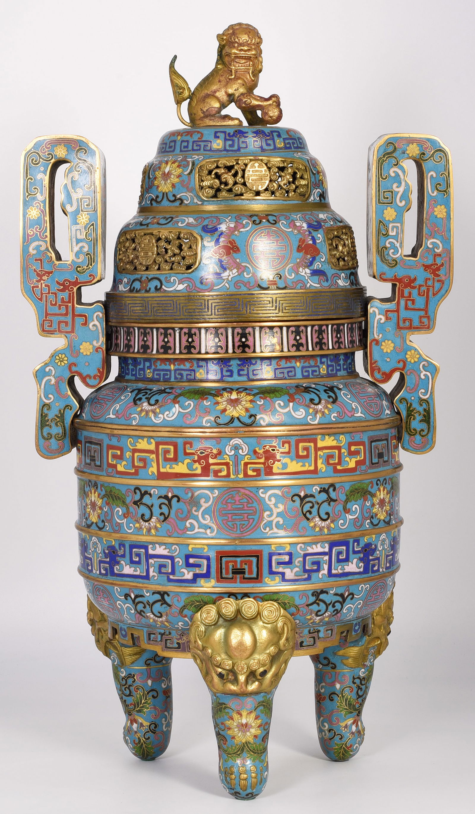 Large Chinese Cloisonne Covered Censer w/ Foo Dogs (1 of 9)