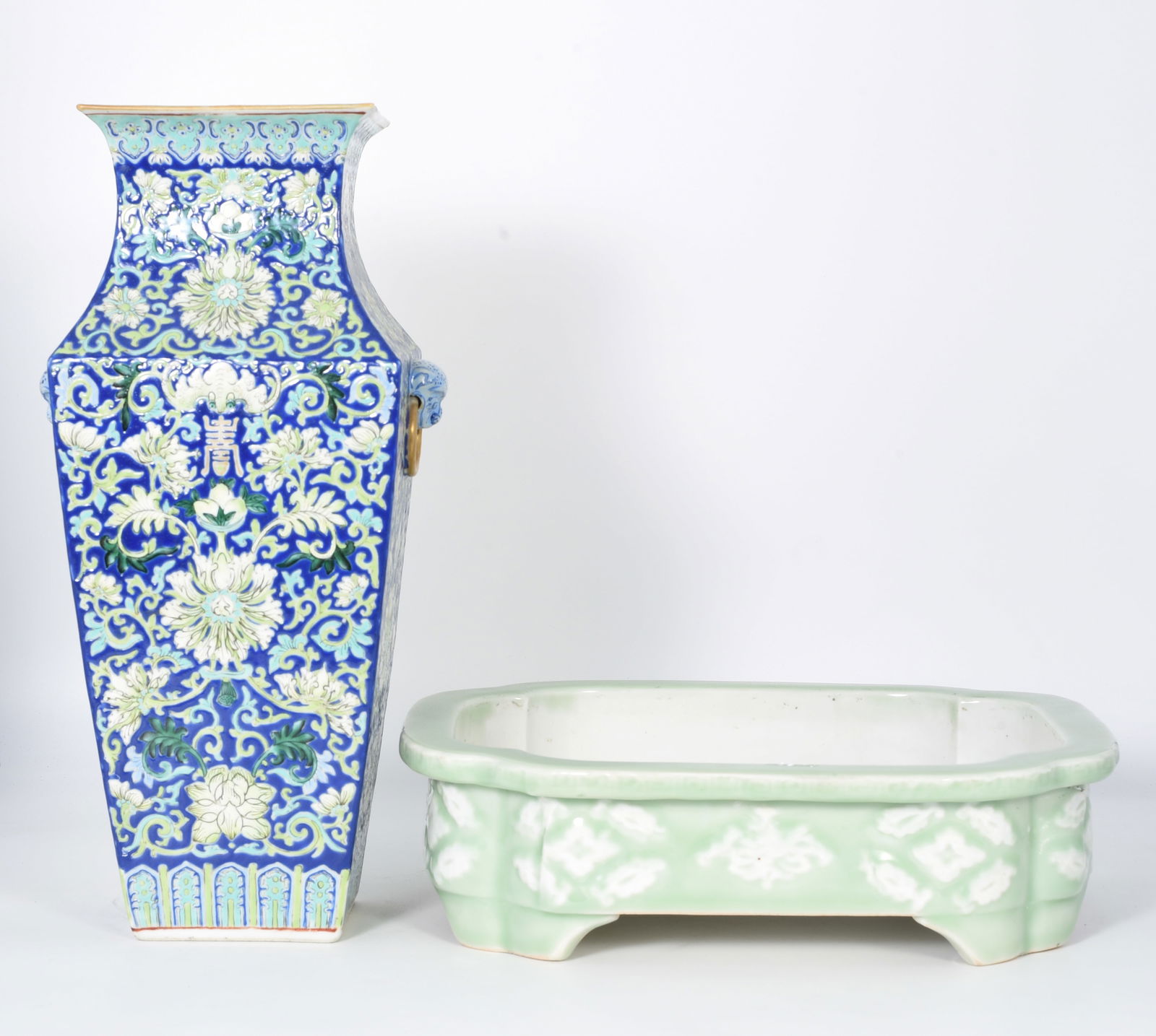Lot: Chinese Celadon Jardiniere & Porcelain Vase. (1 of 4)
