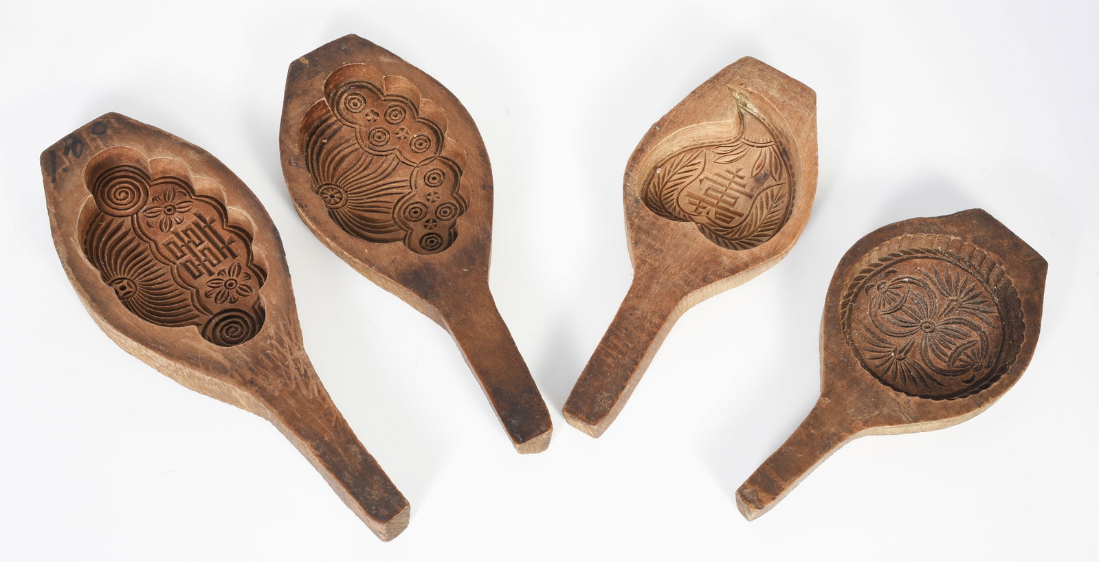 Lot of 4 Wood Chinese Cake or Cookie Molds.: The pieces look to be in good overall condition, with some wear to use. In-house shipping is available. Please see our website regarding our in-house shipping procedures.