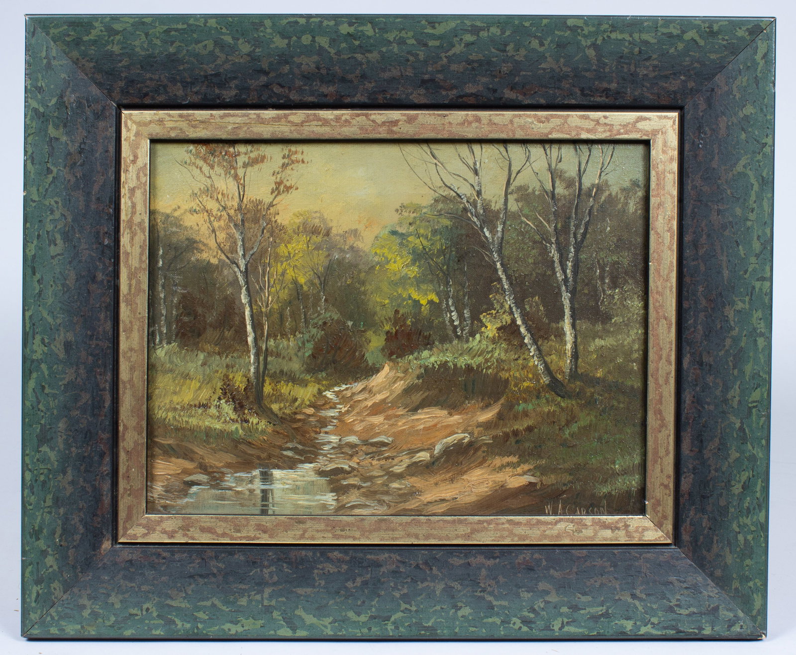 Wooded Landscape Painting by William Carson.: William A. Carson (America, 1867-1949). This oil painting on canvas is signed lower right. The work is housed in a patterned green and gold frame. There is a visible stretcher mark to the work's upper