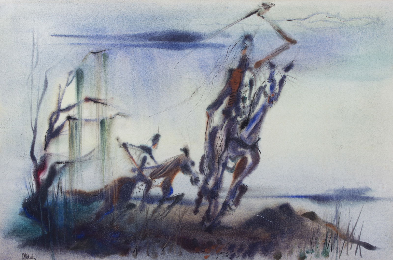 Abstract Equestrian Painting, Paul Maxwell.: Paul E. Maxwell (America, 1925-2015). This watercolor and ink composition is signed lower left. The work is housed in a simple wood frame with a layered matting. The frame is scratched. There are a fe