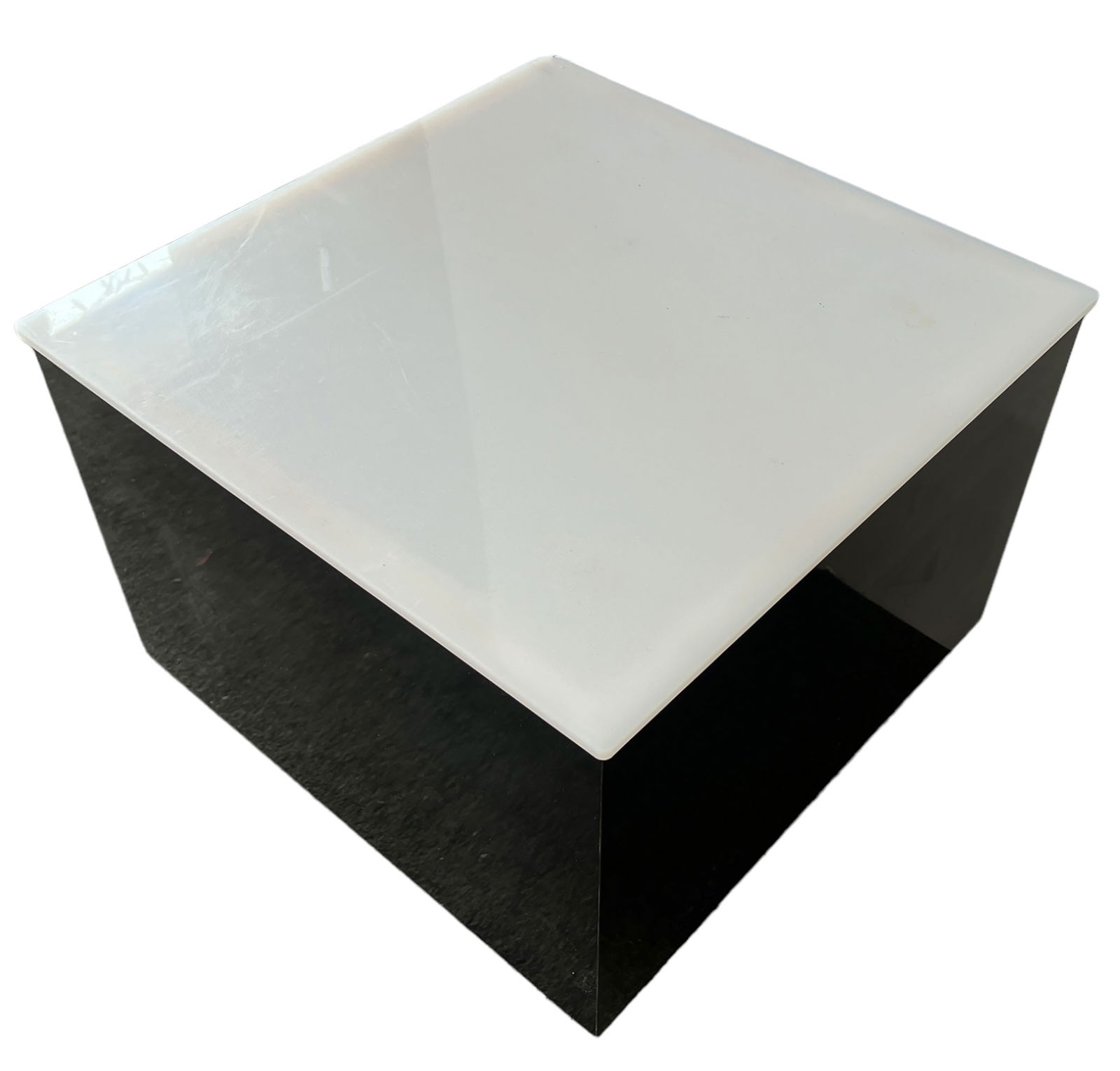 Modern Lighted ? Display Stand with Lucite Top.: This display stand has black veneer sides and a lucite top. It has a proprietary electrical connection which is missing the piece that plugs into a wall. As such, it is untested. The piece has some sc