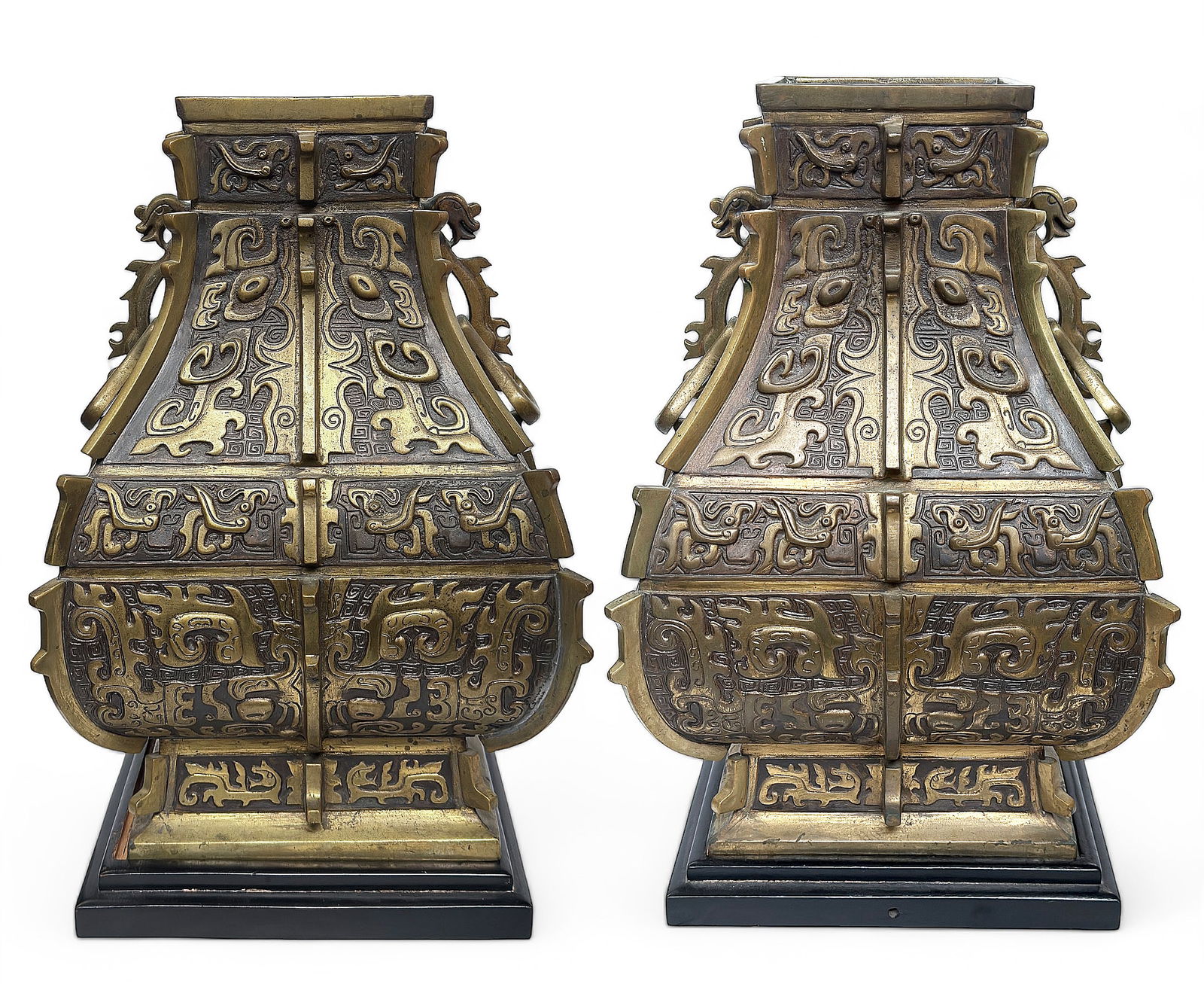 Pair of Large Bronze Chinese Vases w/ Wood Stands. (1 of 4)