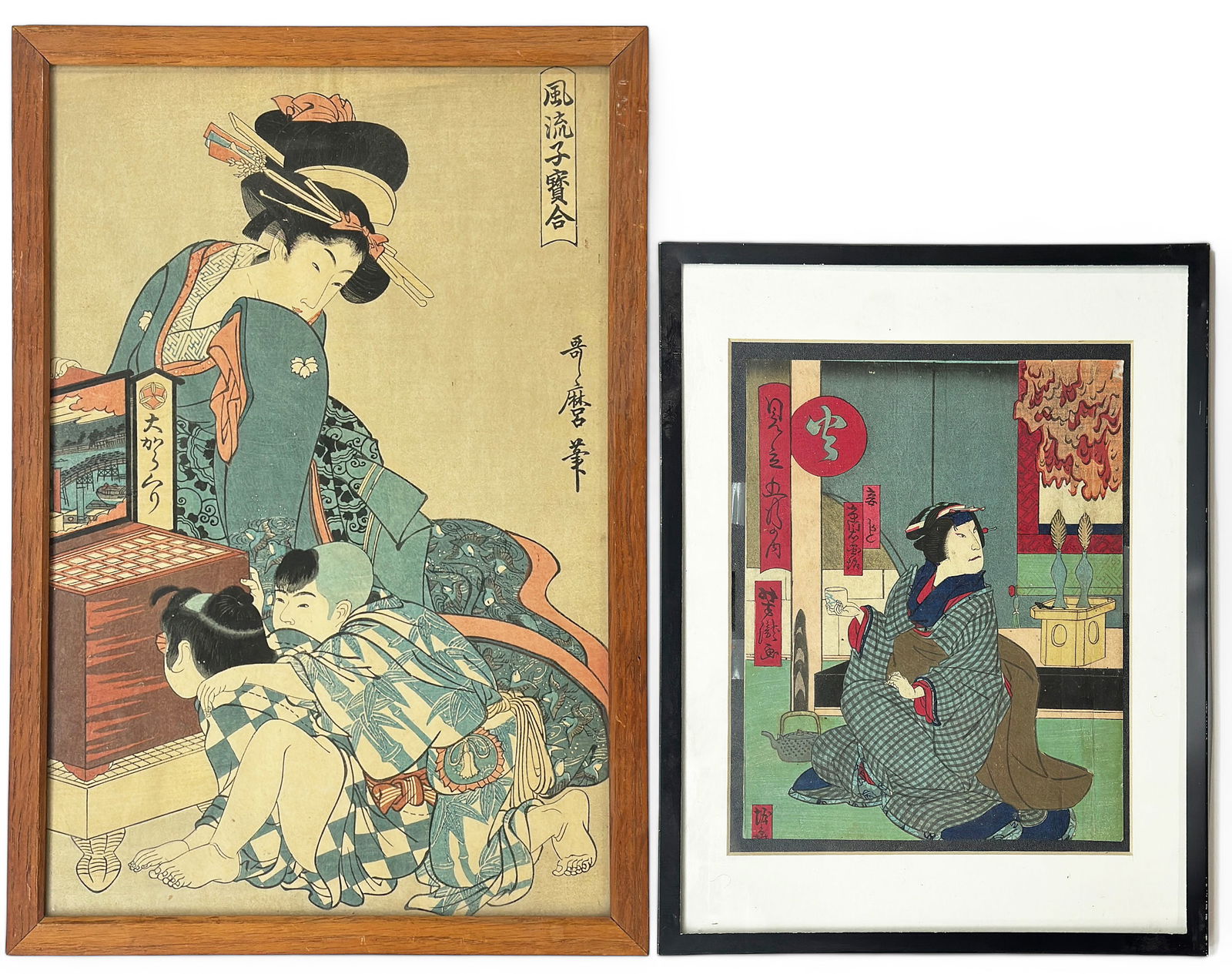 2 Japanese Woodblock Prints, inc. Kitagawa Utamaro: The artist of the smaller woodblock is unknown. This smaller piece has a couple of creases running up its right hand side, and it looks like part of the bottom portion has been cut off. The smaller ar