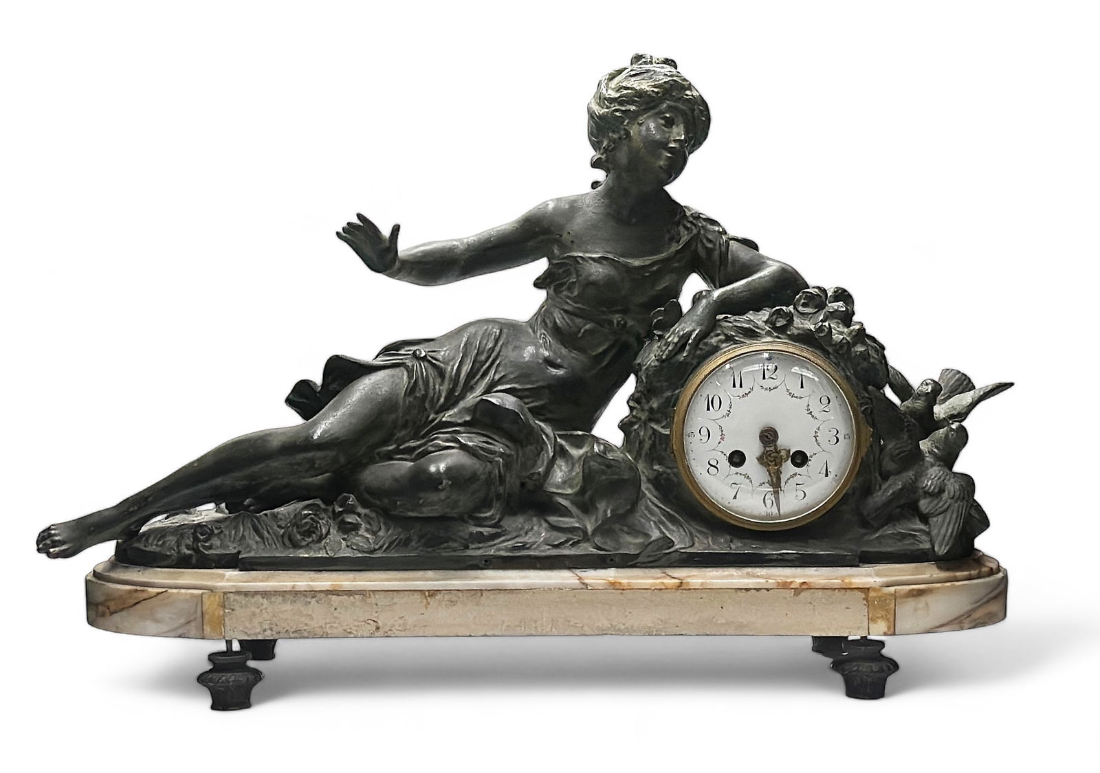 Sgd. Moreau Spelter & Marble French Mantel Clock. (1 of 5)