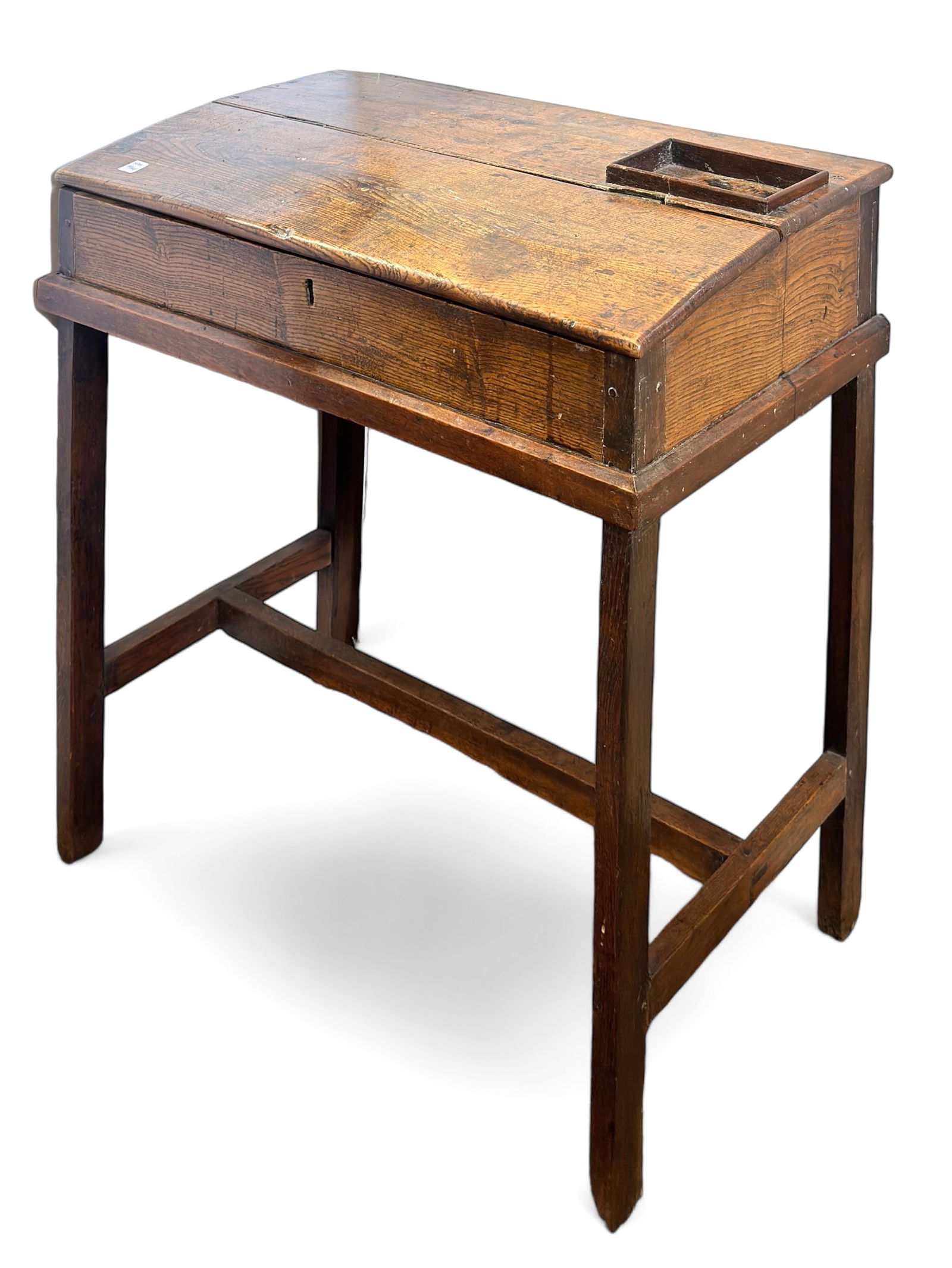 Primitive Wood Student Desk.: This desk has a hinged top (one of the hinges has come off), a small area for ink and or pens / pencils, and a storage area inside for books. It has seen a lot of use, and has many ink stains on it. I