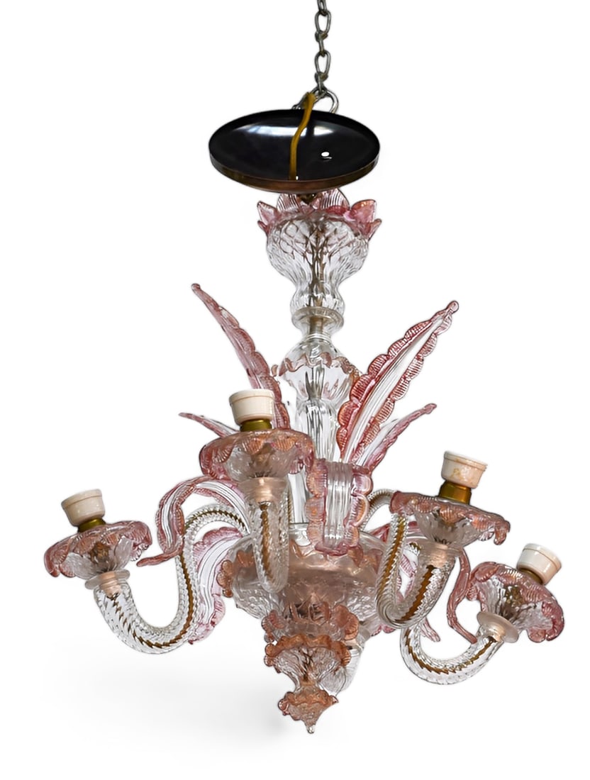 Vintage Murano Venetian Glass Pink Chandelier.: This small but cute chandelier is missing one of its leafy pieces. In addition, its parts are a bit loose. It is untested for working condition. This piece was originally sold out of Hindman Auctions.
