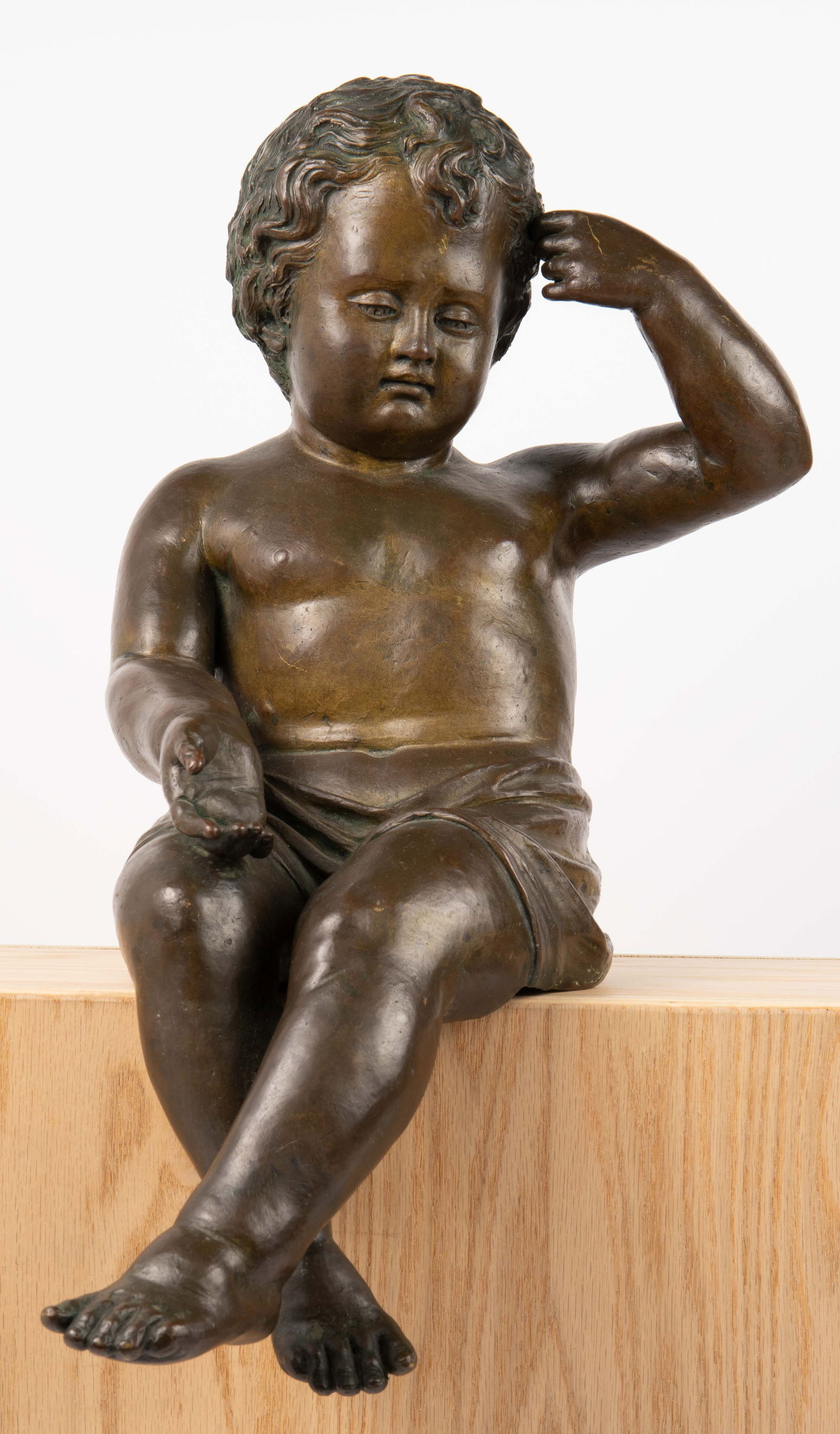 Old 23" Bronze Sculpture of Seated Putti Figure. (1 of 5)