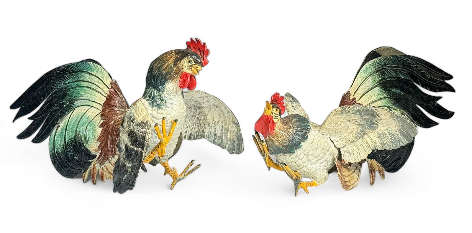 2 Hand-Painted Bronze Fighting Rooster Sculptures. (1 of 3)
