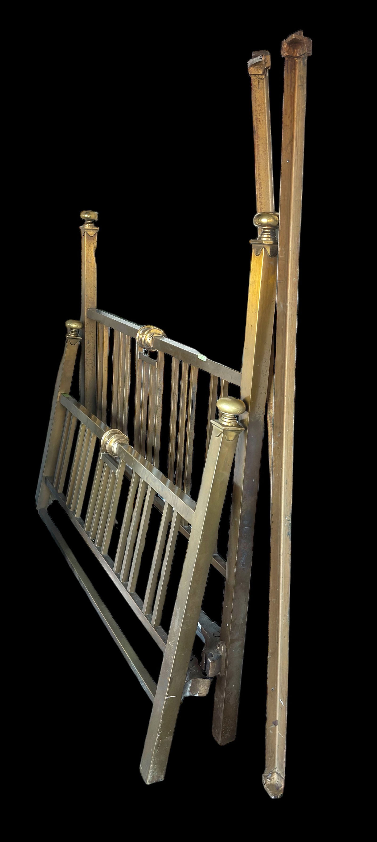 Antique or Vintage Brass Bed.: The bed has some dirt, wear and scratches, but it is in reasonably good condition for its age. It comes with the metal side rails. The bed measures 58" tall and 55" wide. Third-party freight shipping