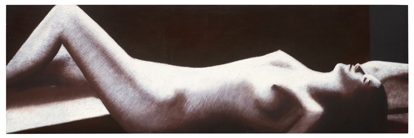 Large Portrait Painting of a Nude, Olya Dobrovic.: This oil painting on wood is signed and dated (2012), en verso. It depicts a black and white image of a reclining nude woman. It has a few scattered scuffs. The work measures 27" x 84" x 3". It weighs