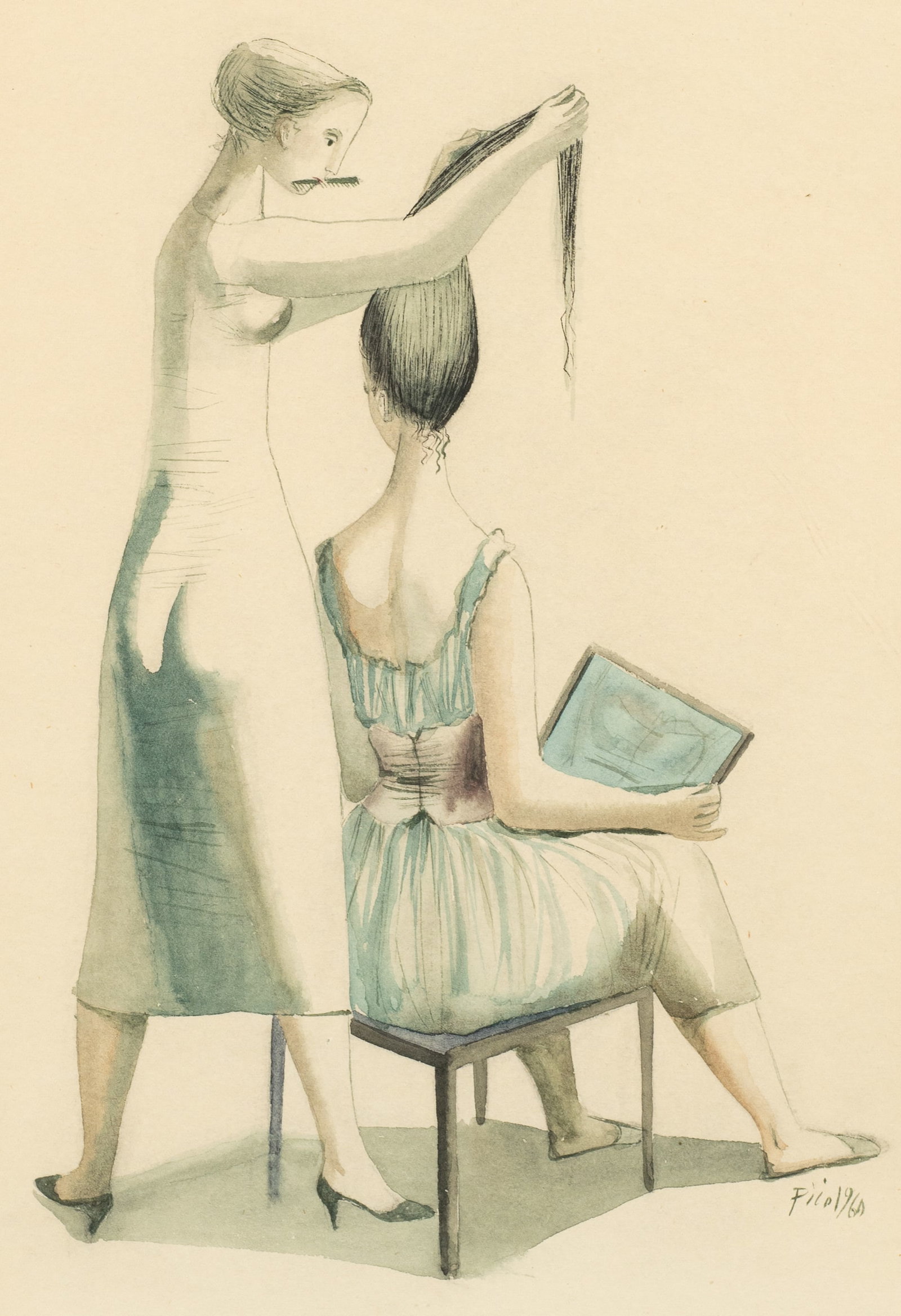 Figural Watercolor Artwork, Jose Mitjans.: Jose Pico Mitjans (Spain, 1904-1991)This watercolor painting is signed, "Pico, 1960", lower right. It depicts a woman combing a seated woman's hair. It appears to be mounted to board, and has a decora
