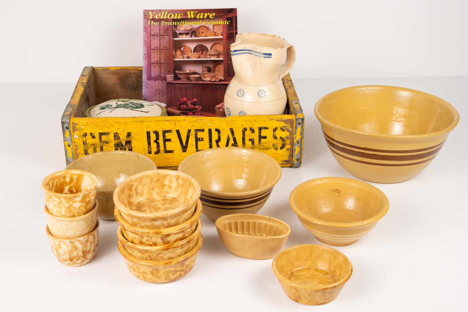 Assorted Yellow Ware & Spongeware Pottery. (1 of 15)