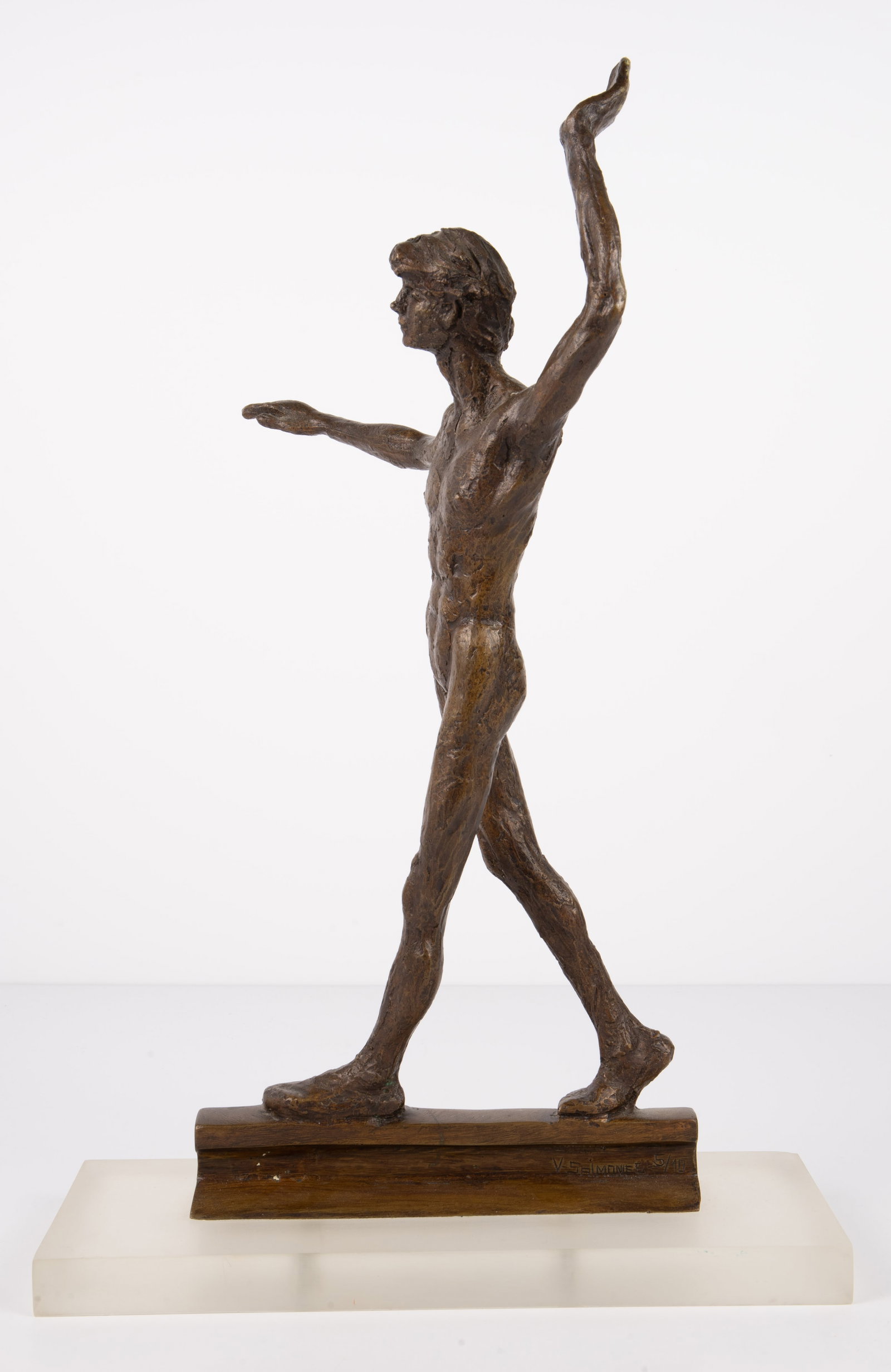 Victor Salmones, Horizonte, Bronze w/ COA.: This sculpture is signed, "V. Salmones" and numbered 5/10. It depicts a nude male walking across a beam. Also included is a Certificate of Authenticity from Galeria Y Estudios Victor, signed by Victor