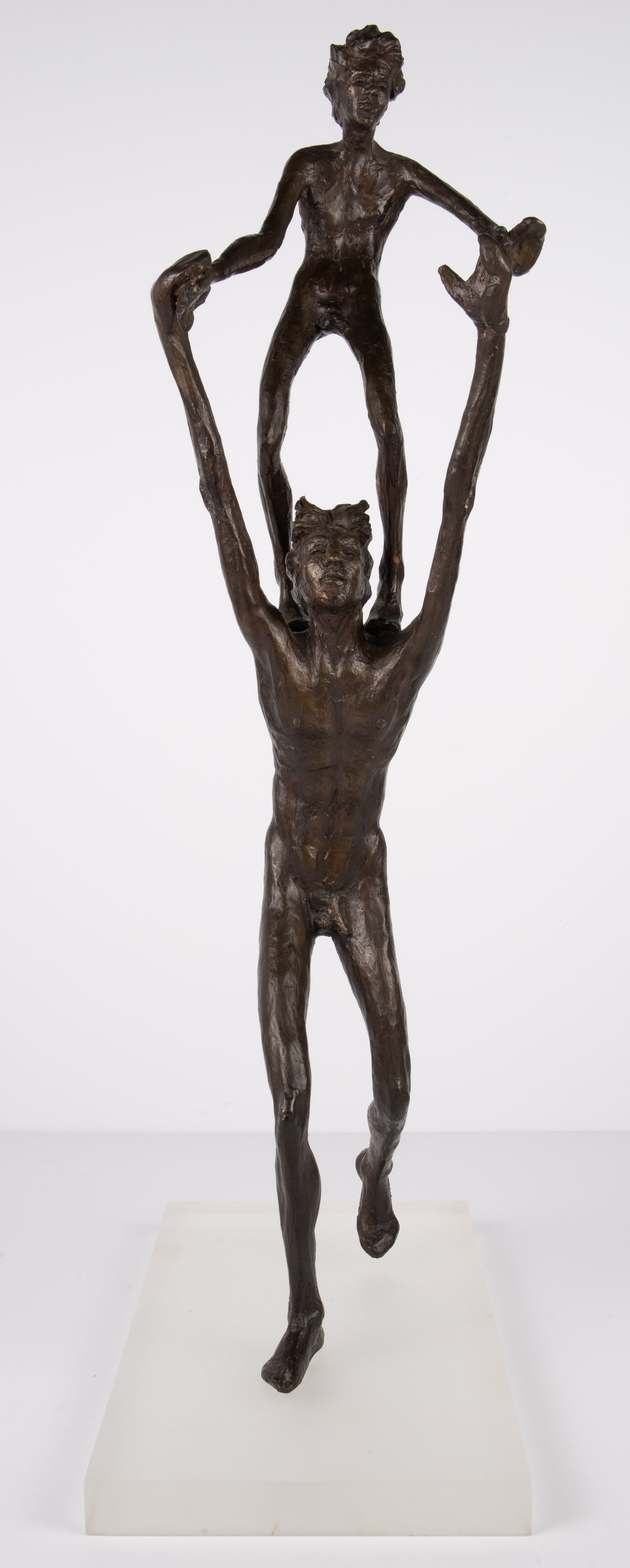 Victor Salmones, Headstart, Bronze w/ COA.: This sculpture is signed, "V. Salmones" on the larger figure's foot, and numbered 5/10. It depicts a nude male walking while balancing a smaller nude figure on his shoulders. Also included is a Certif