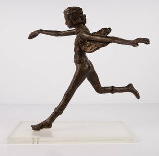 Victor Salmones, Shirt Tails, Bronze w/ COA.: This sculpture is signed, "V. Salmones" and numbered 4/10. It depicts a leaping youth with his unbuttoned shirt flowing in the breeze. Also included is a Certificate of Authenticity from Galeria Y Est