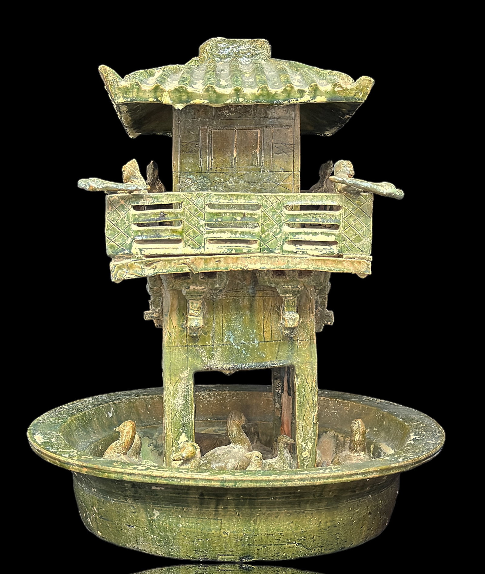 Han Dynasty 2-Story Green Glaze Pottery Watchtower: AS IS - There are many chipped areas and broken pieces. We have some of the loose broken pieces, but not all. The top of the house comes off. The terra cotta sculpture measures 15 1/2" tall and 11" in