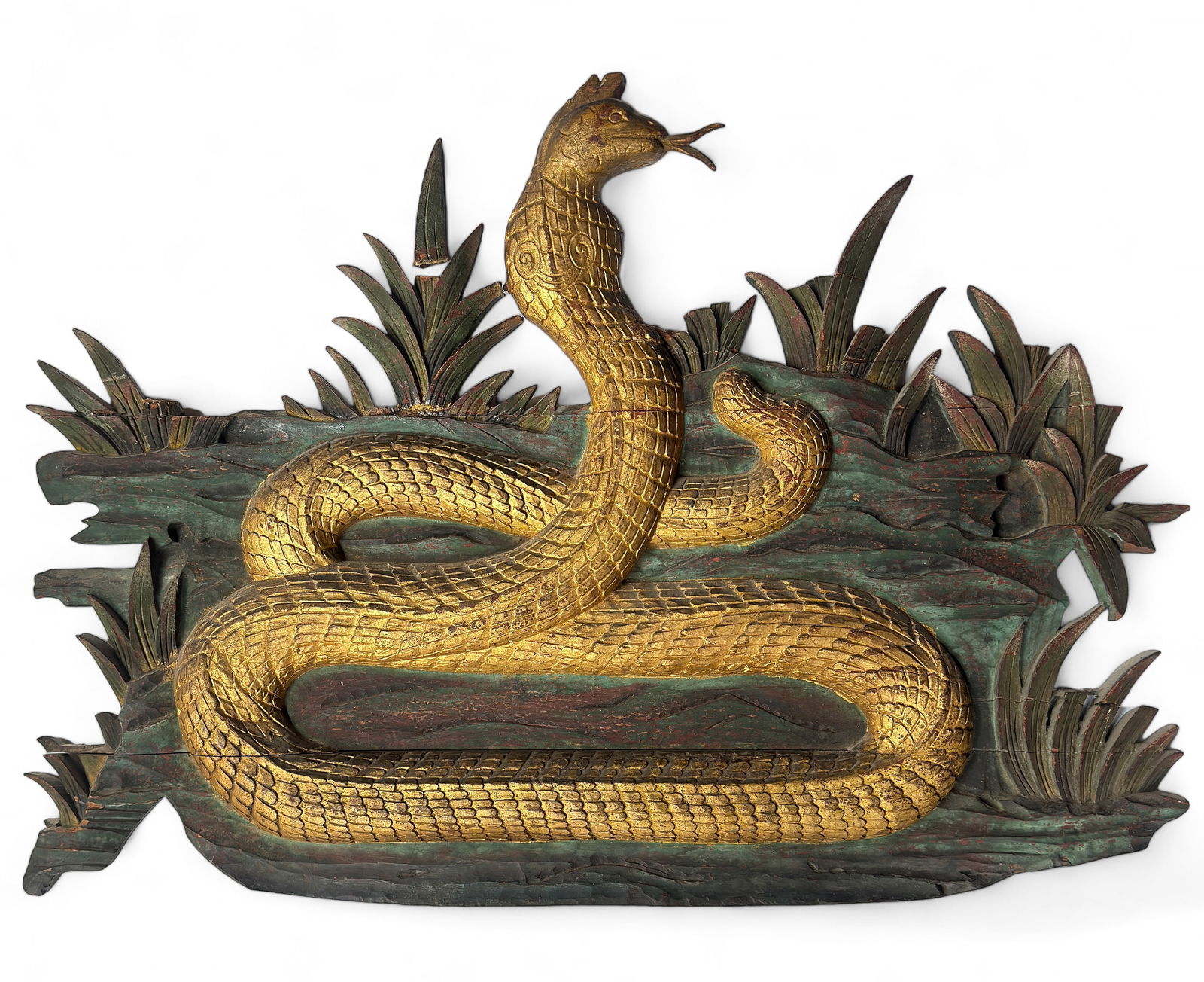 Old Carved Wood Thai Cobra Snake Plaque, AS IS.: The plaque has cracks (some very long), chips, and missing pieces in many places. The cobra is painted gold. The piece measures 24 1/2" long, 34" wide, and 1/2" thick. Third-party shipping or personal