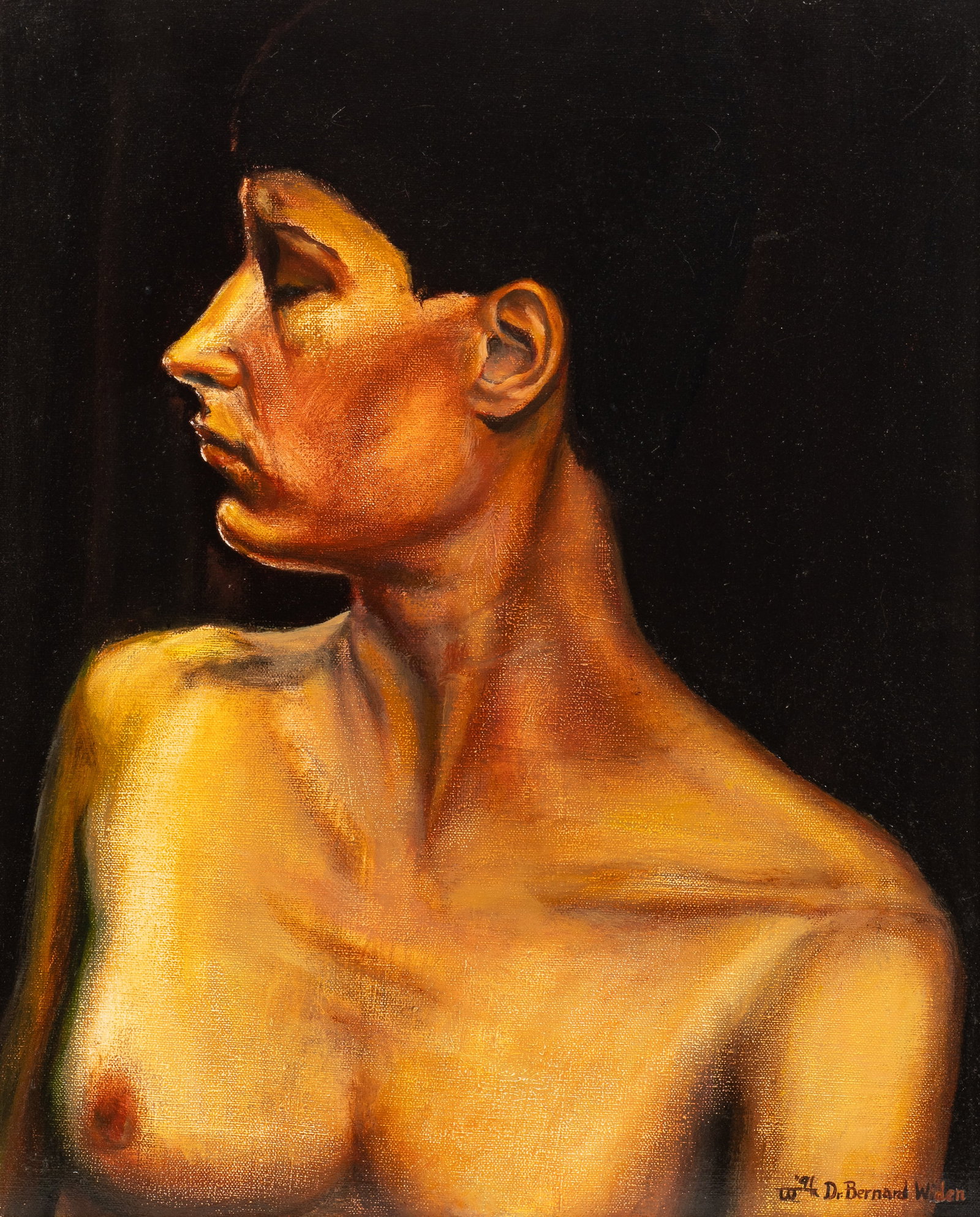 Nude Portrait of a Woman by Bernard Widen.: Dr. Bernard A. Widen (America, 1920-2017). This oil painting on canvas is signed lower right. The work depicts a side profile bust portrait of a nude woman. The work is housed in a simple wooden frame