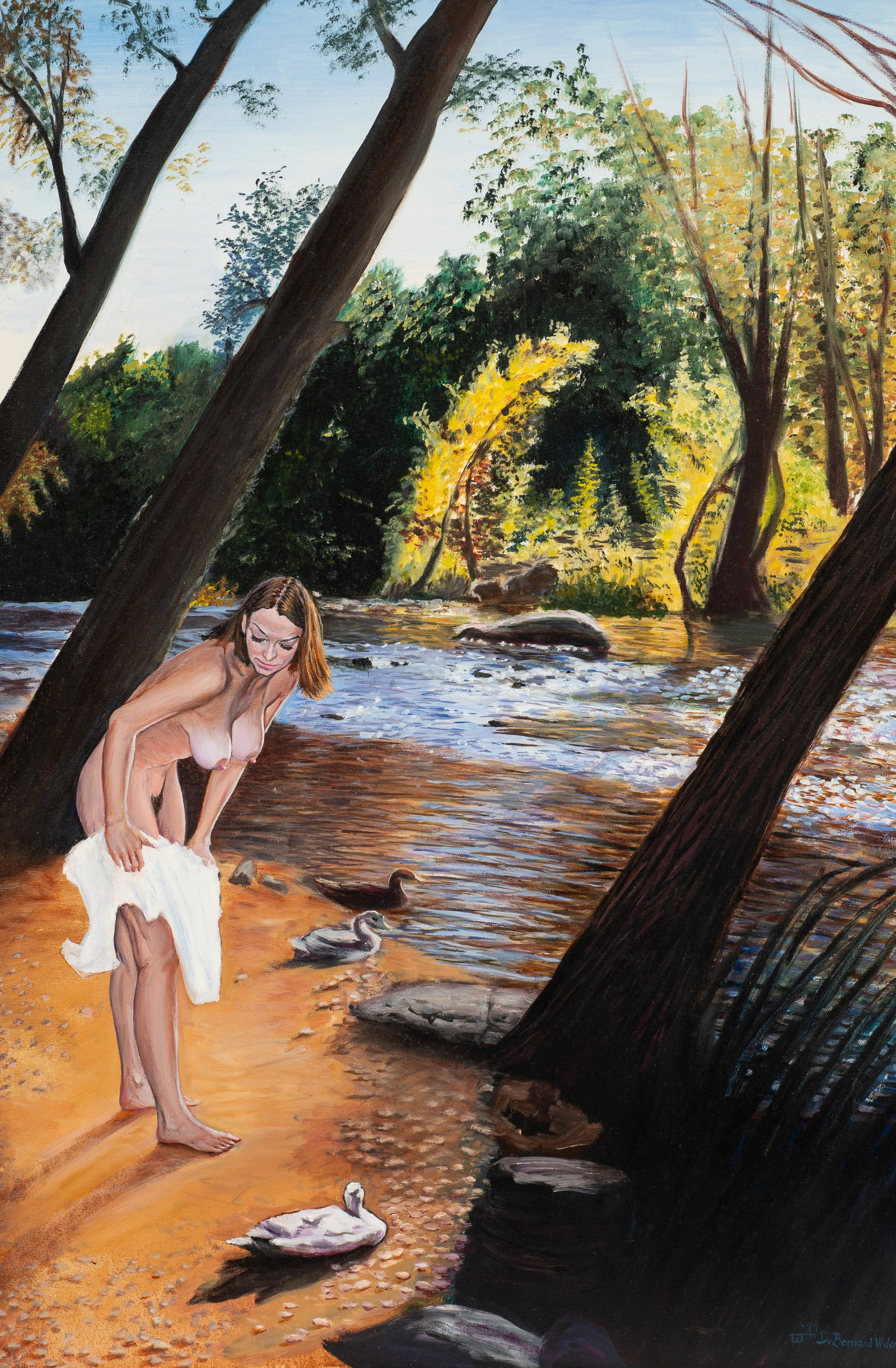 Portrait of a Woman by Bernard Widen.: Dr. Bernard A. Widen (America, 1920-2017). This oil painting on canvas is signed lower right. It depicts a nude woman getting ready to swim in the river. The work is housed in a simple wooden frame. T