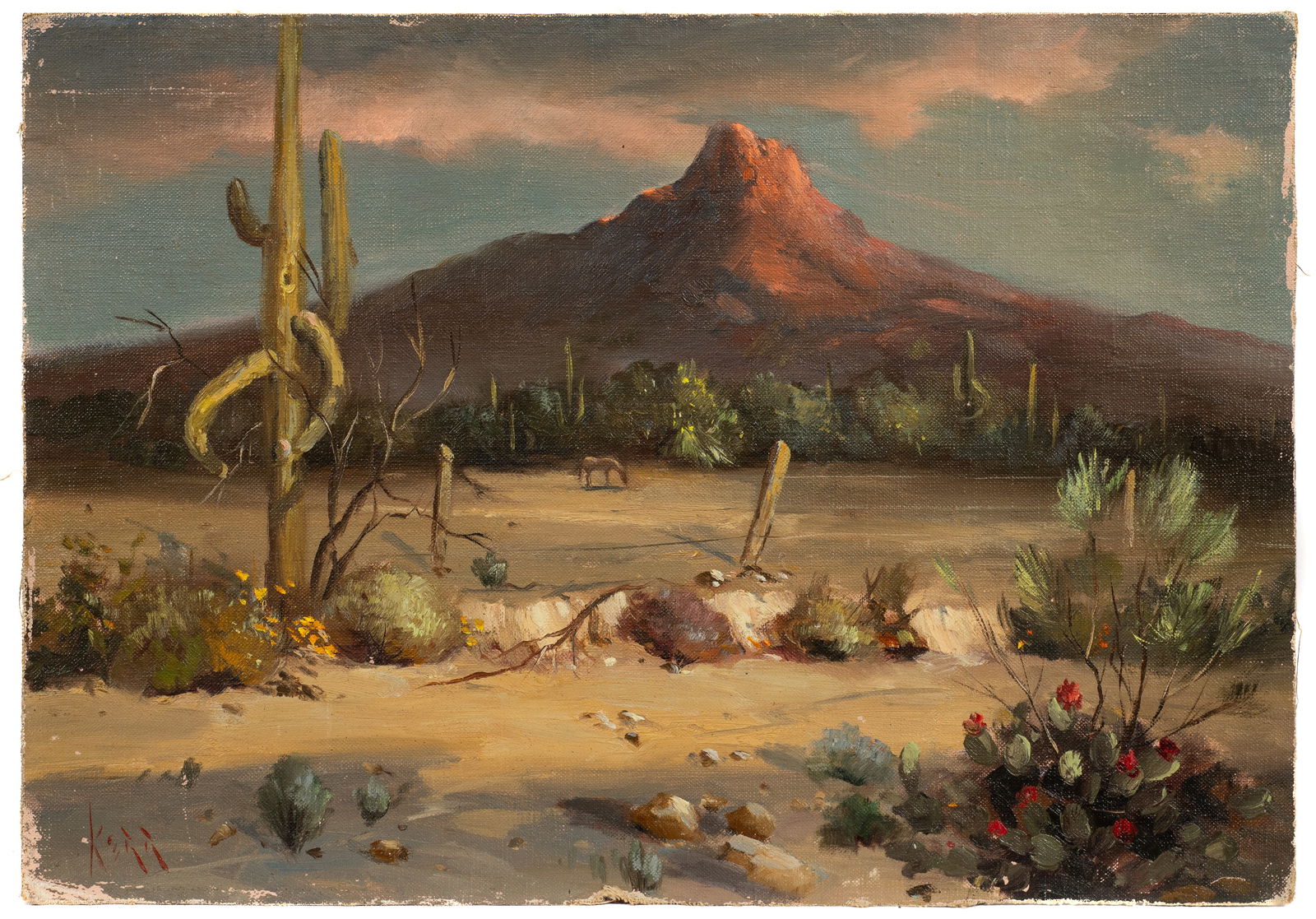Hat Mountain, Landscape Painting by Vernon Kerr.: Vernon L. Kerr (America, 1938-1982). This unframed oil painting on canvas board is signed lower right. It depicts a desert scene at sunset. The work is unframed. There are signs of wear to its outer m