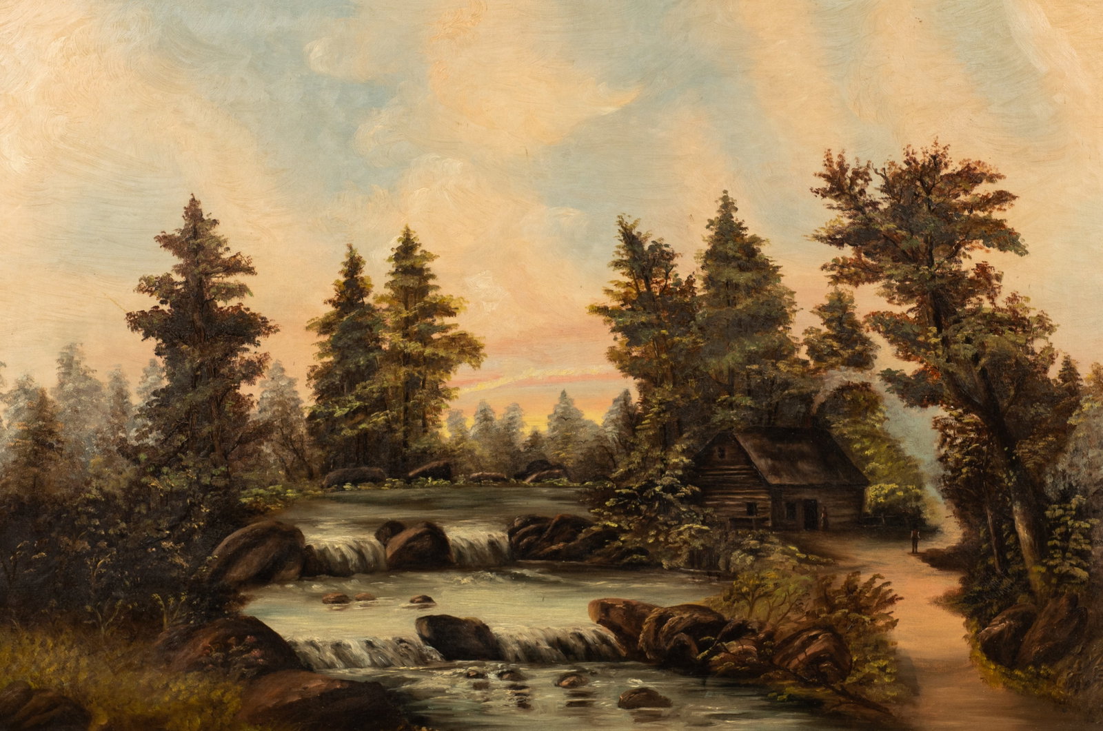 Unsigned Painting of a Cabin in the Woods.: This large oil painting on canvas depicts cabin adjacent to water with a figure walking on a trail. The work is housed in an ornate gilt frame. The painting has craquelure and spots of discoloration, 