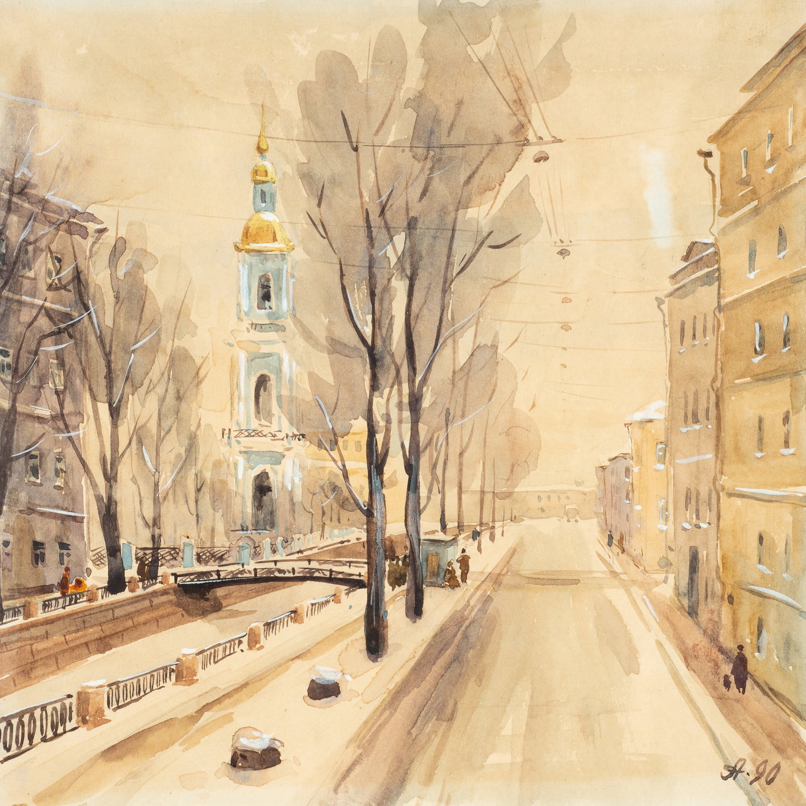 Street Scene Watercolor, Alexander Alexandrovsky.: Alexander Alexandrovsky (Russia, b.1951). This watercolor painting on paper is signer lower right. The work is floated in a painted wood frame with a patterned background. The painting is mounted to i