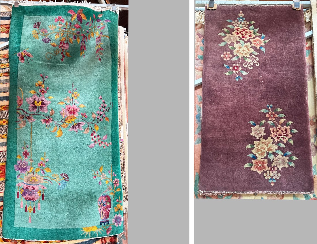 Lot of 2 Chinese Art Deco Rugs.: The green art deco rug measures 3' x 5' 9". It looks to be in good overall condition, but is missing its bottom fringe. The red art deco rug is missing fringe on both ends, and the bottom area has bec