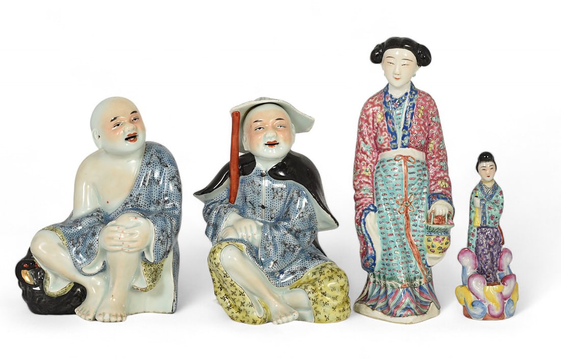 Lot of 4 Chinese Porcelain Figurines.: Two of the porcelain figures have damage. The man with the hat has his hat badly chipped, and the shortest lady figurine has part of the cloud she is standing on chipped. The other two figurines are i