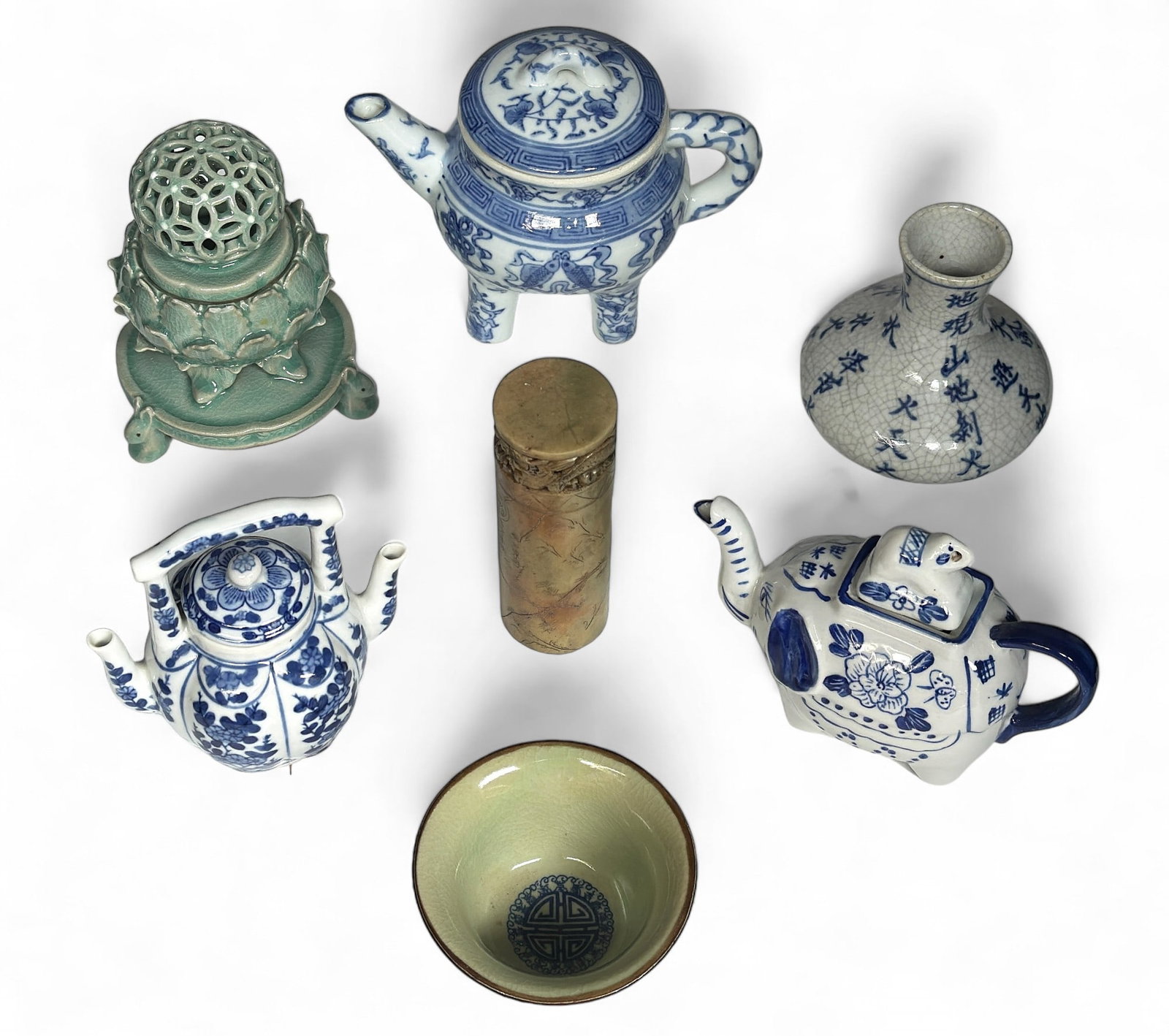 Lot: 7 Pcs. Asian Porcelain and Carved Soapstone. (1 of 3)