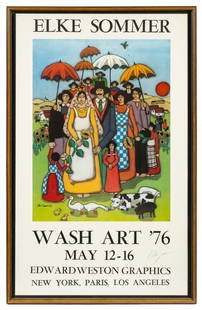 Wash Art '76 Poster, Elke Sommer Signed.: Elke Sommer (Germany, b. 1940). This exhibition poster is pencil signed, lower right. The work is housed in a simple wooden frame. There are no visible signs of damage to the poster. It measures 41" x